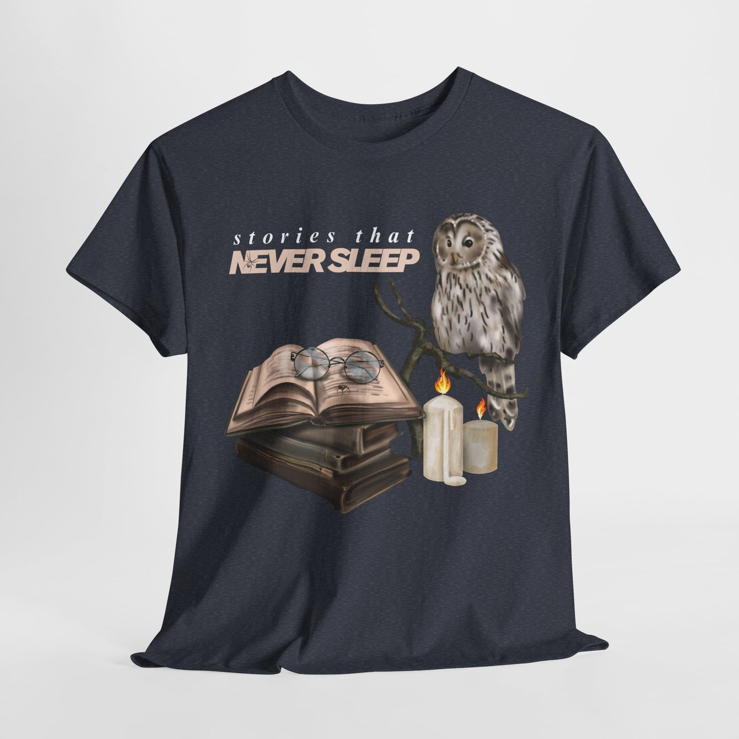 Teen/Adult Unisex "Stories That Never Sleep" Owl & Candlelight Book T-Shirt – Cozy Night Reader Tee