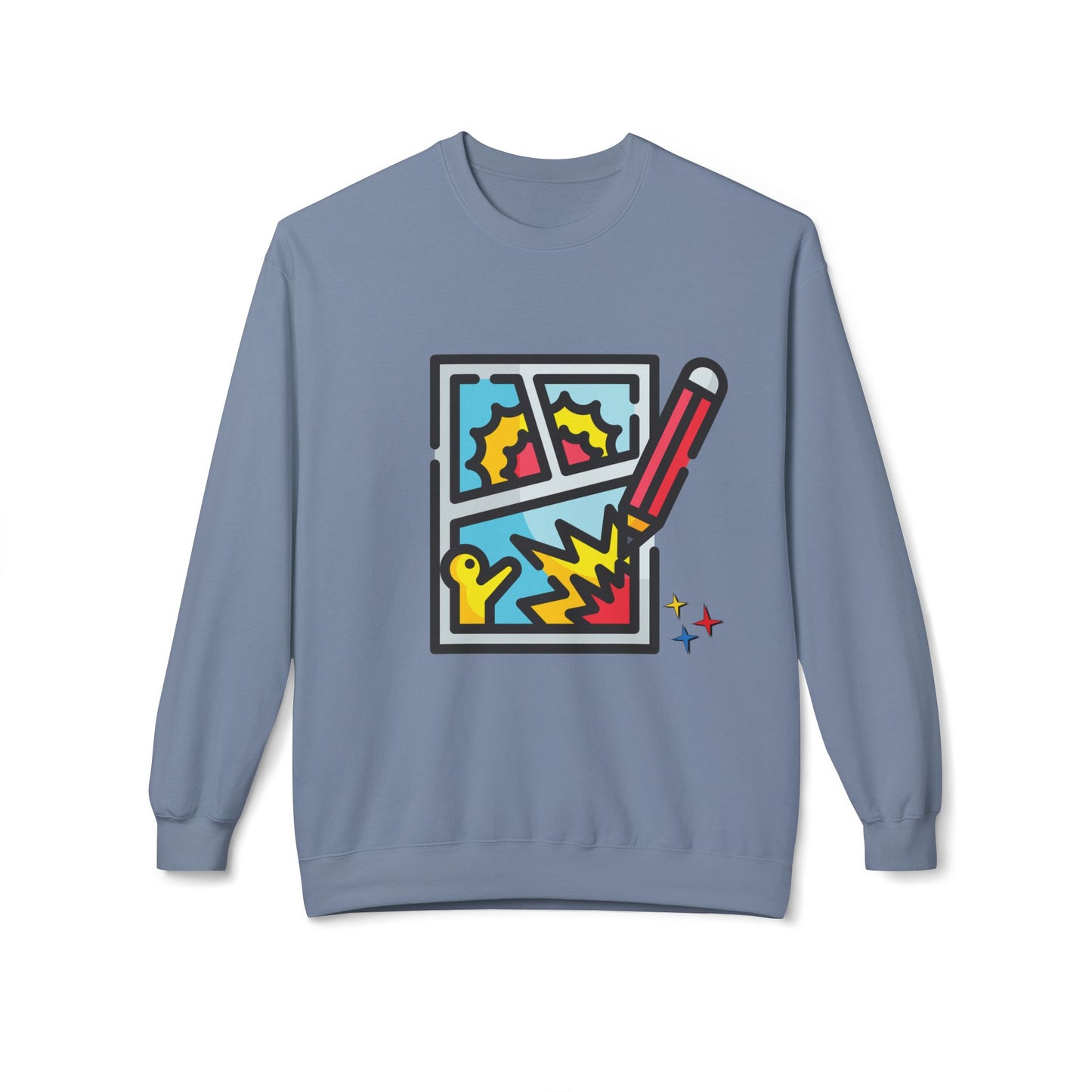 Gray blue sweatshirt with colorful comic graphic