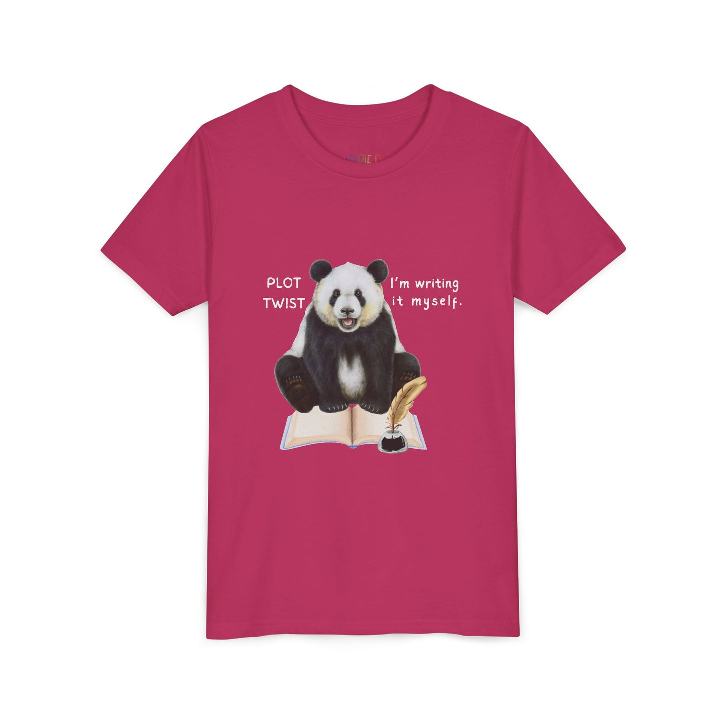 Pink t-shirt with a panda graphic and text 'Plot Twist I'm Writing It Myself'