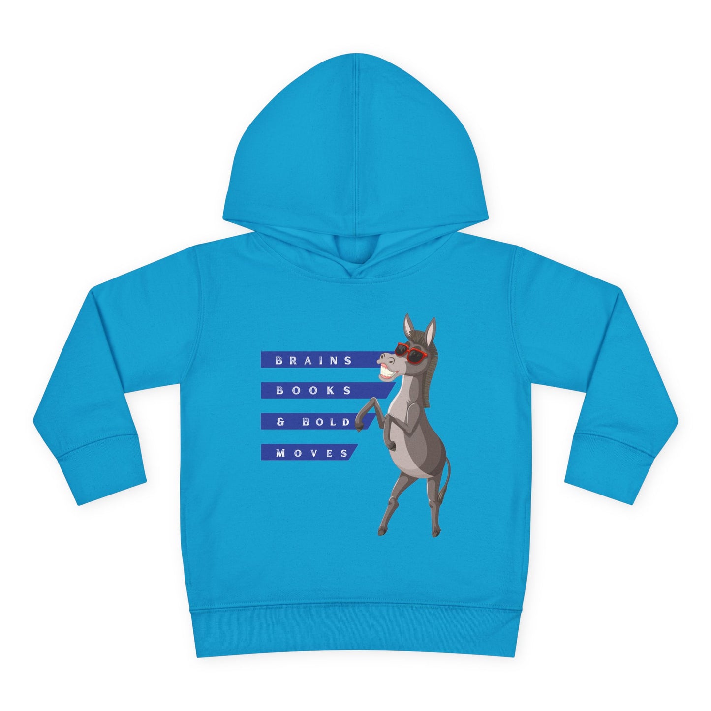 Turquoise toddler sweatshirt featuring Donkey Dell in cool red sunglasses and text 'Brains, Books, & Bold Moves' on a white background