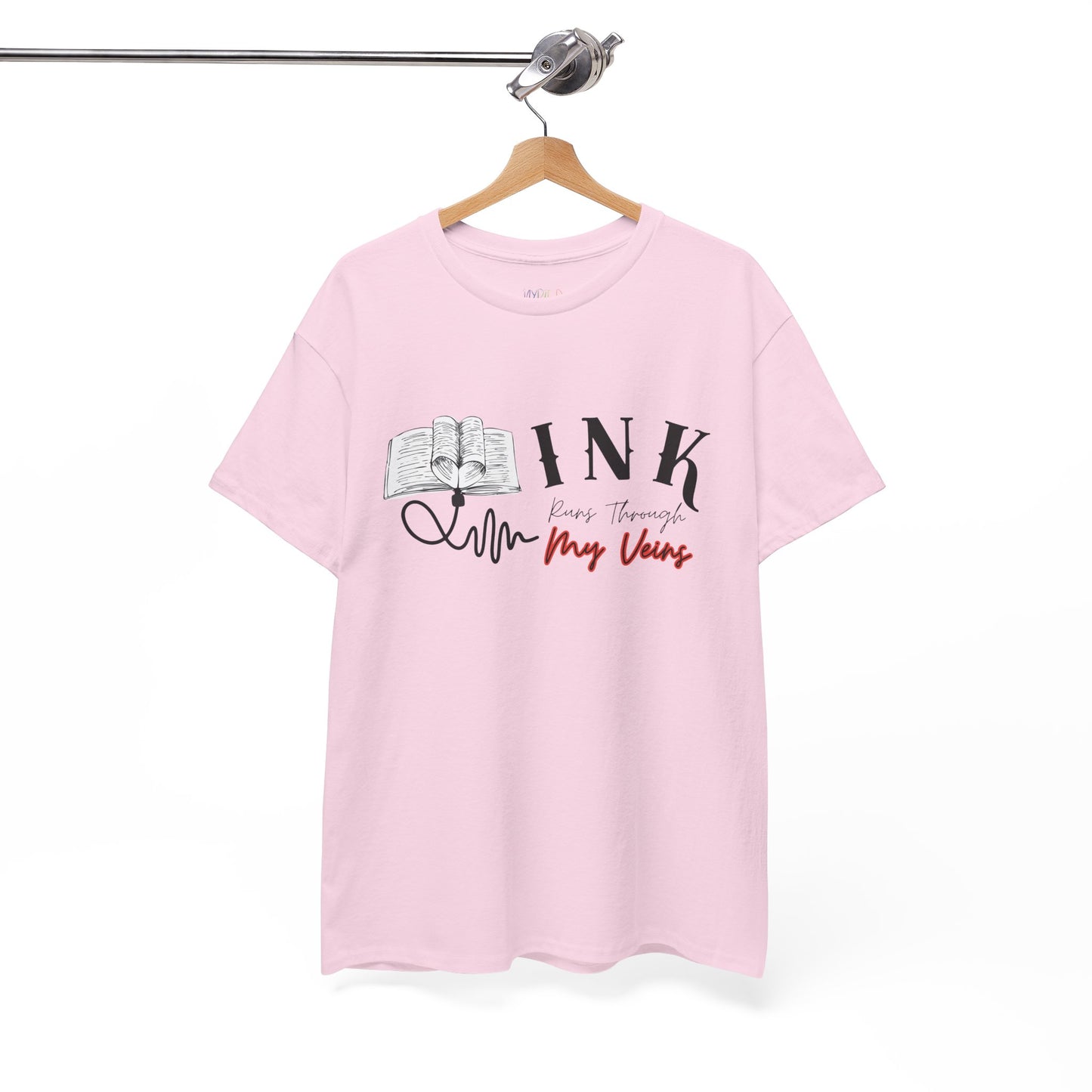 Pink t-shirt with an IV connected to an open book and text 'INK Runs Through My Veins'