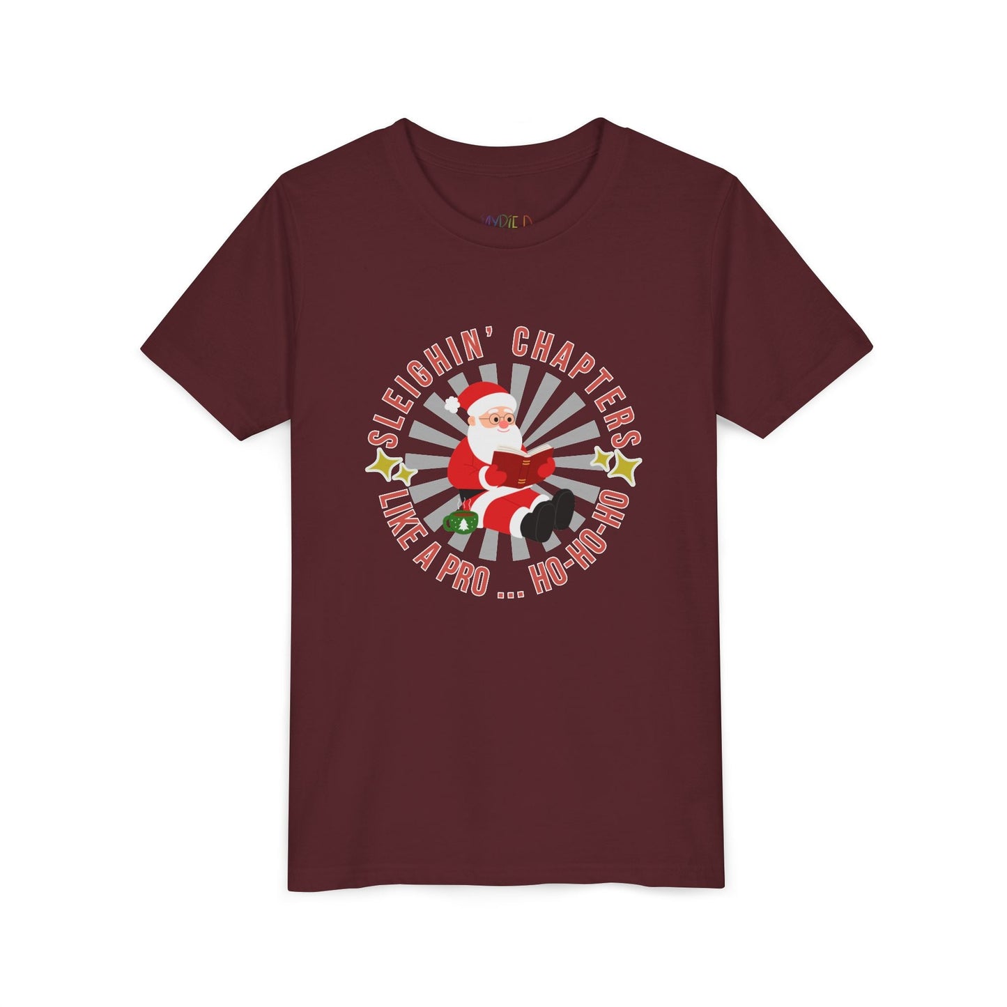 Youth Sleighin’ Chapters T-Shirt – Reading Santa Christmas Design Printify