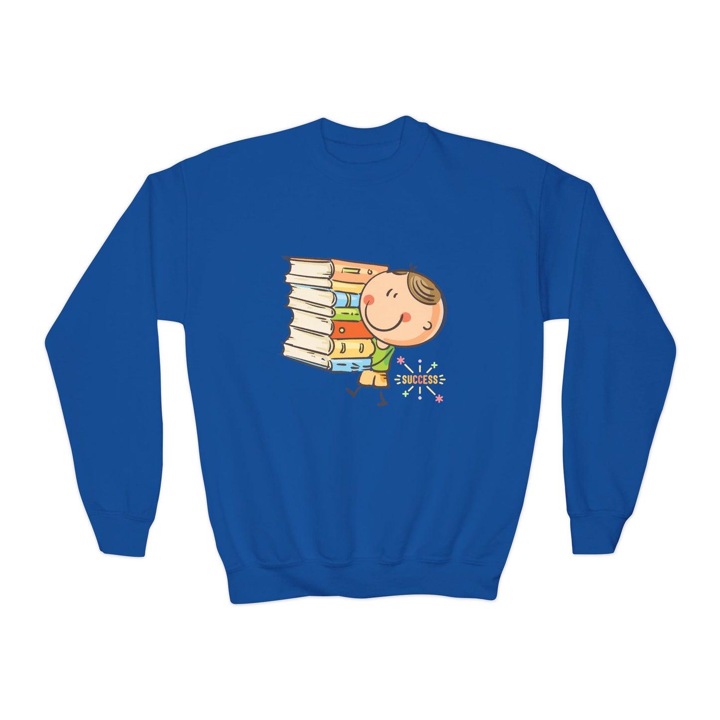Blue sweatshirt with a cartoon child carrying a stack of books and text 'Success'