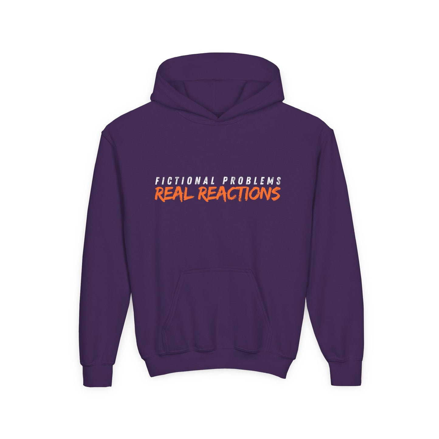 Purple hoodie with text 'Fictional Problems Real Reactions'