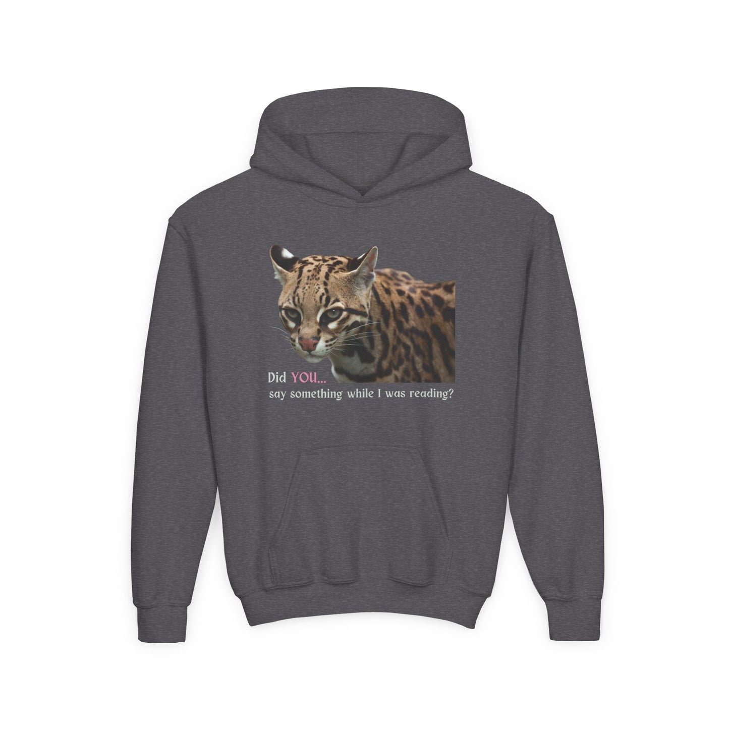 Gray hoodie with a leopard graphic and text 'Did you...say something while I was reading?'