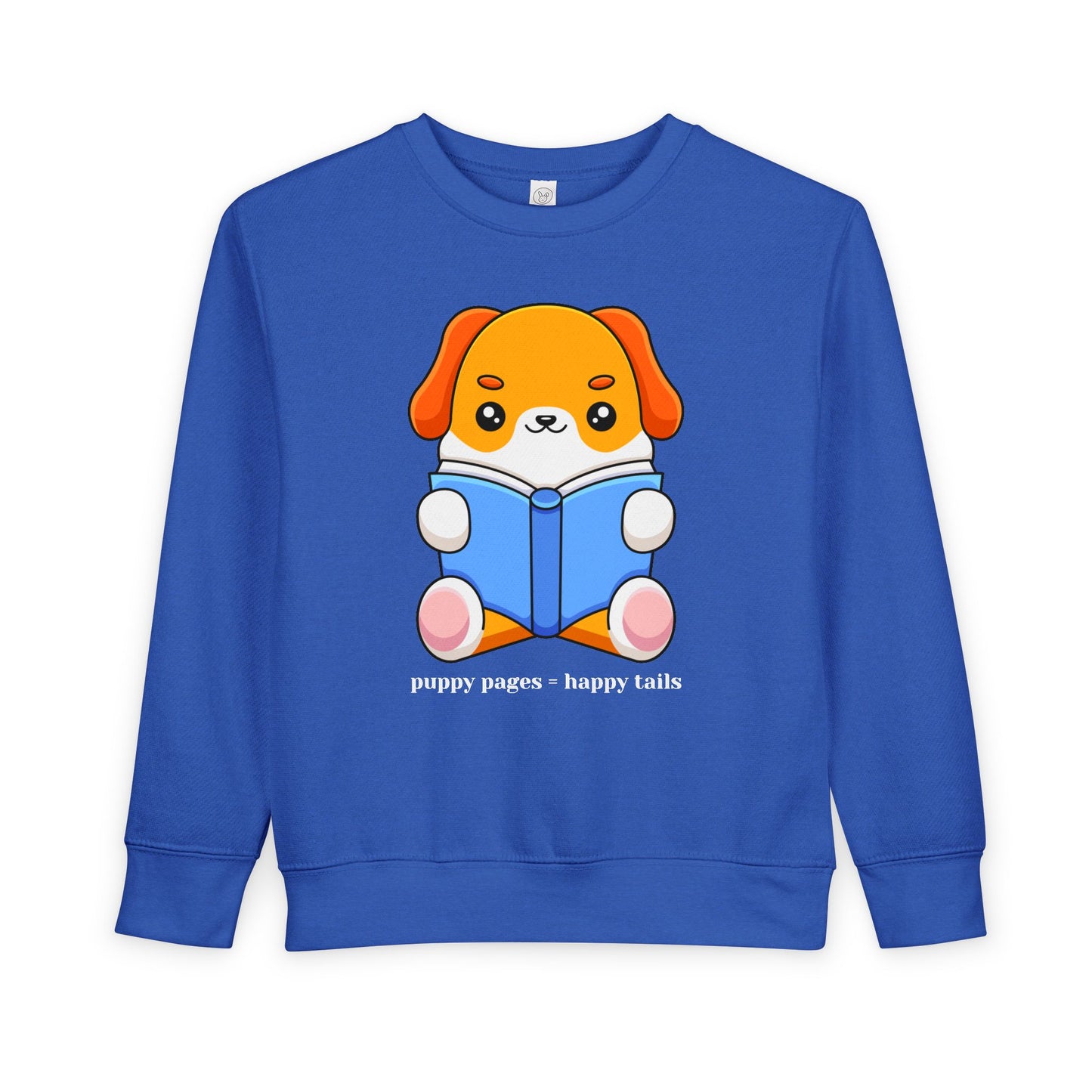 Blue toddler sweatshirt with a cartoon dog reading a book and text 'puppy pages - happy tails'