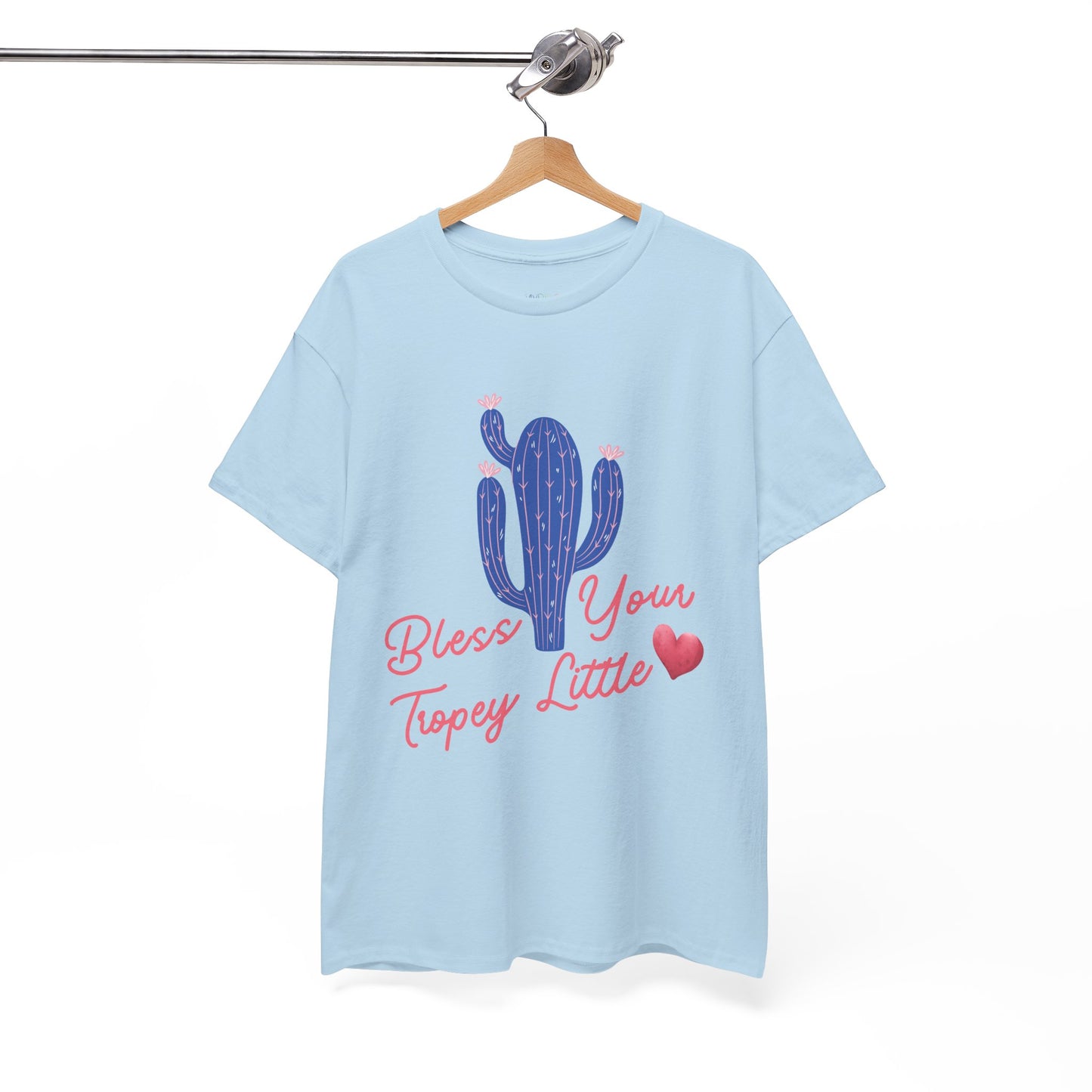 Light blue t-shirt with a pink and blue cactus and text 'Bless Your Tropey Little' and then a picture of a heart