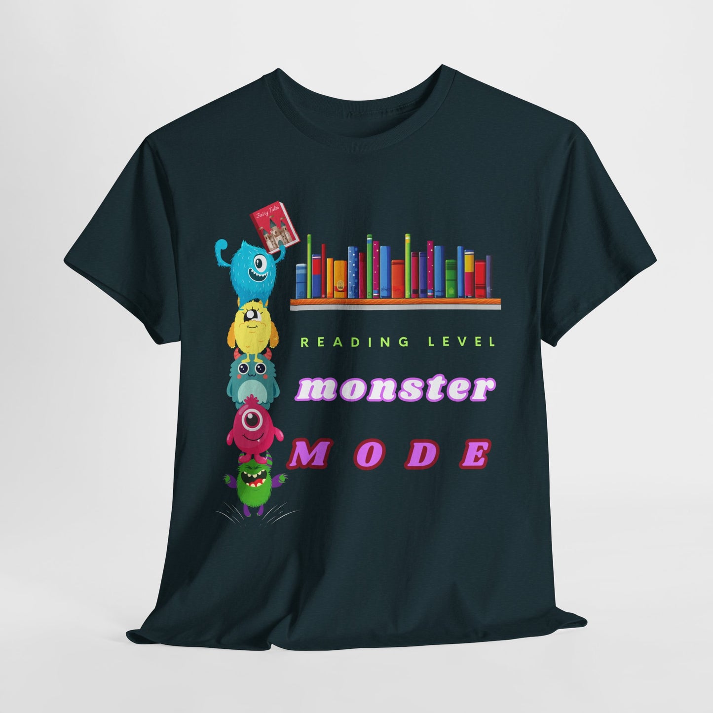 Teen/Adult Unisex “Reading Level: Monster Mode” Tee – Funny Stacked Monster Shirt for Relentless Readers