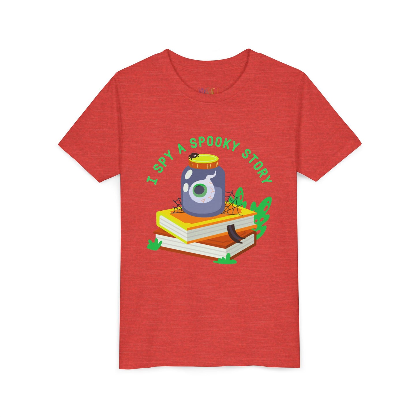 Red t-shirt with a graphic design of a jar with an eyeball, books, a spider and text 'I Spy A Spooky Story'
