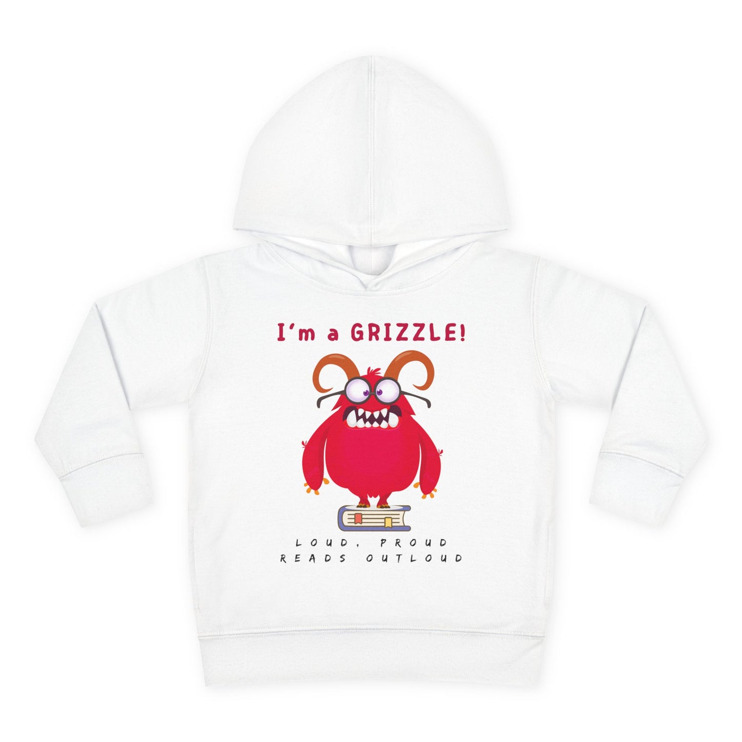 Red cartoon monster with a big grin and arms raised in excitement, holding an open book with the words “I’m a Grizzle” above — printed on a toddler hoodie.