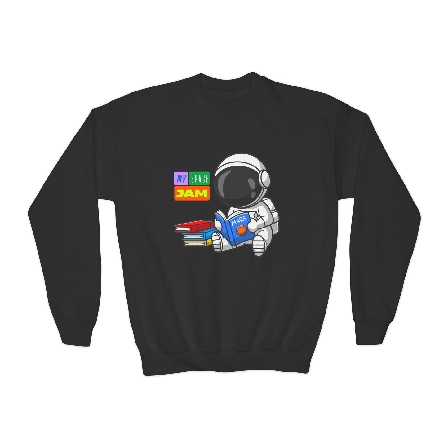 Black sweatshirt with an astronaut reading a book and text 'my space jam'