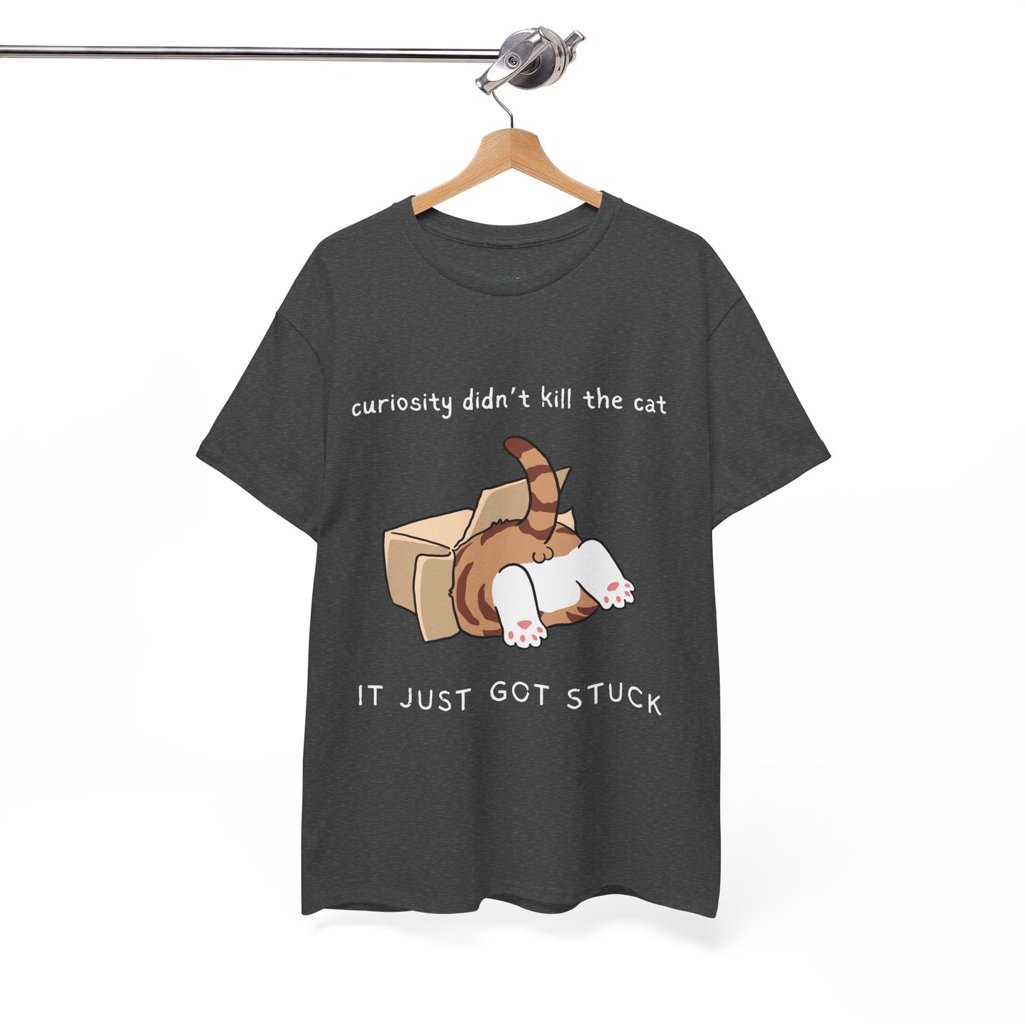 Gray t-shirt with a cat 's back end sticking out of a box and text 'curiosity didn't kill the cat, it just got stuck'