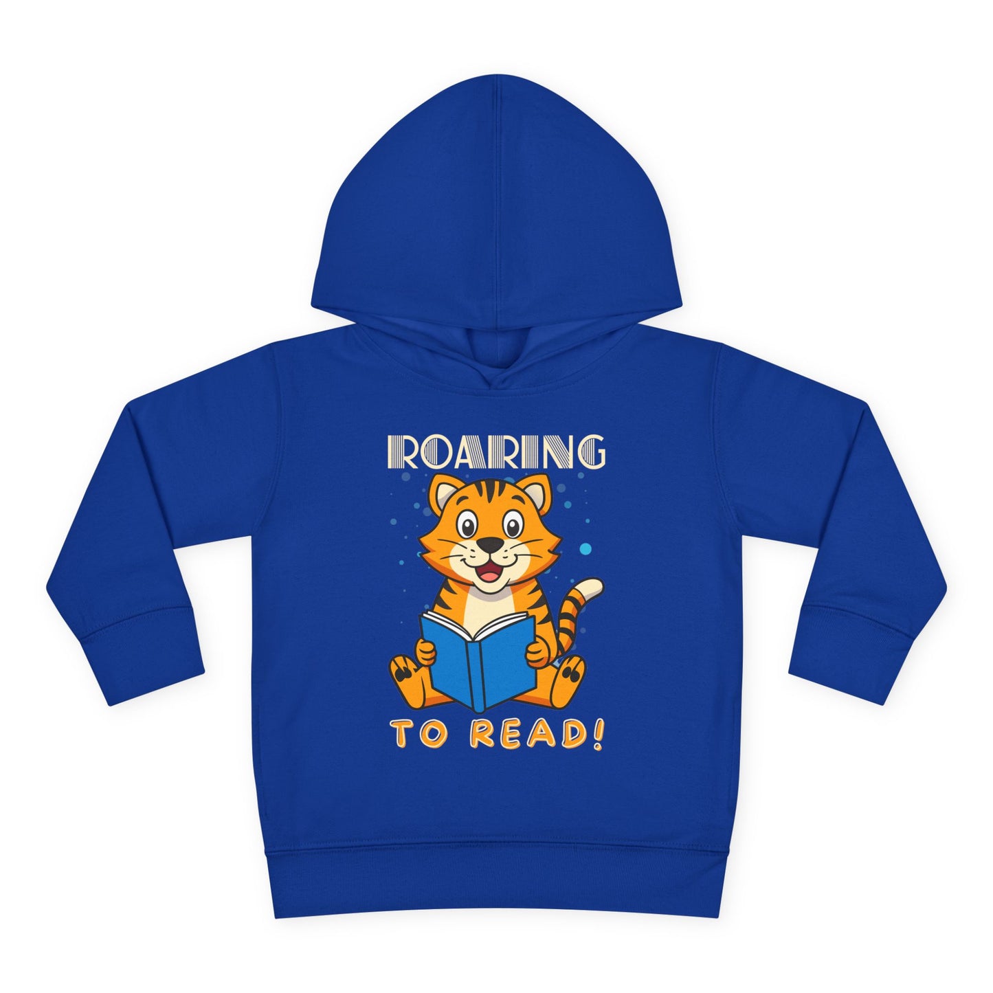Blue toddler hoodie with a tiger reading a book and text 'Roaring To Read!'