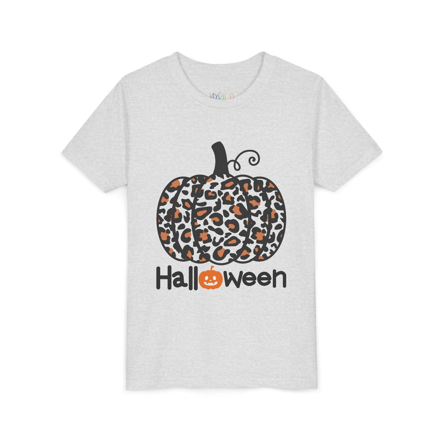 Light gray t-shirt with a leopard print pumpkin and 'Halloween' text