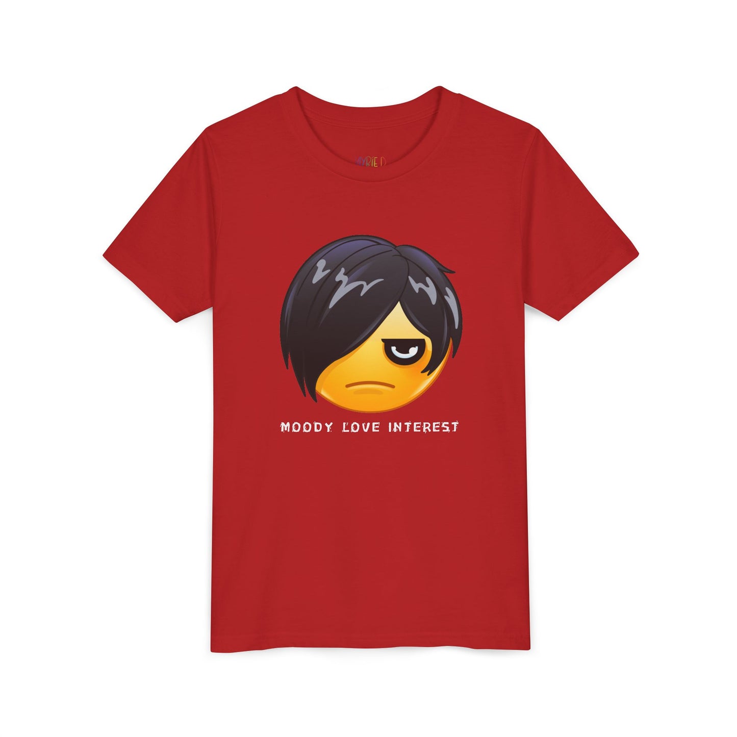 Red t-shirt with a moody emoji and text 'moody love interest'