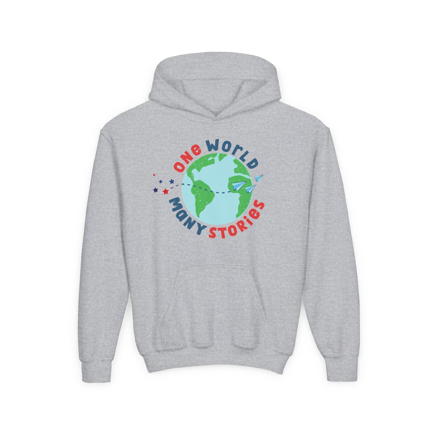 Gray youth hoodie with an earch graphic and text 'One World Many Stories'