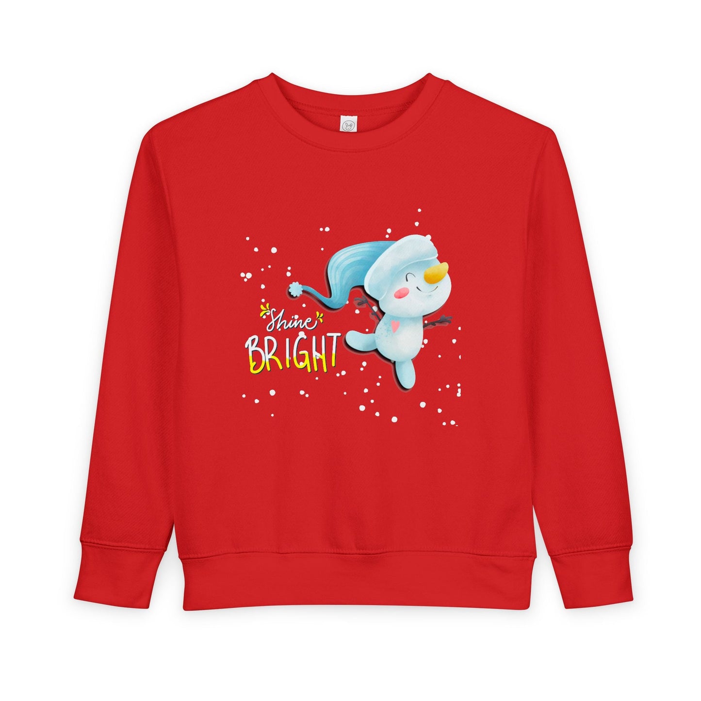 Red toddler sweatshirt with a cartoon snowman dancing through the snow and 'Shine Bright' text on a white background