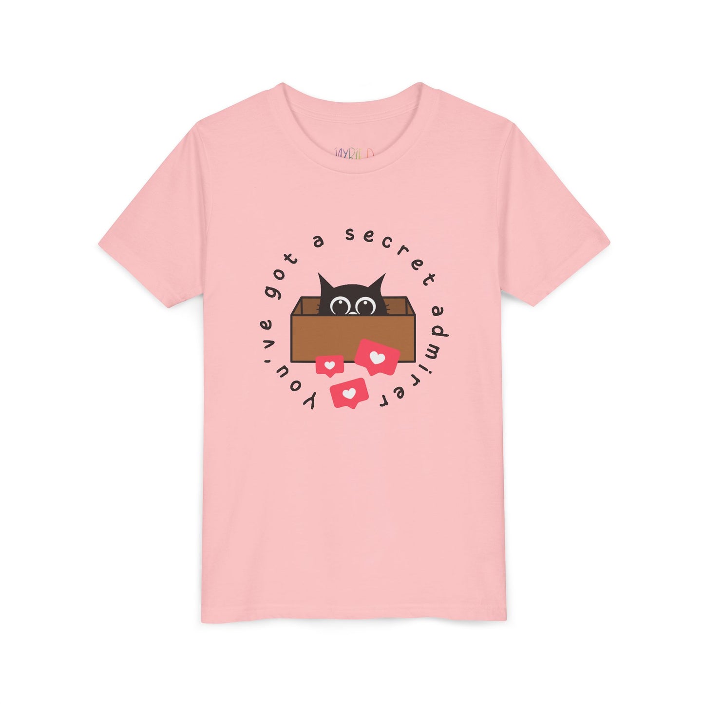 Pink t-shirt with a graphic of a cat peeking out of a box, heart social media bubbles and text 'You've Got A Secret Admirer'