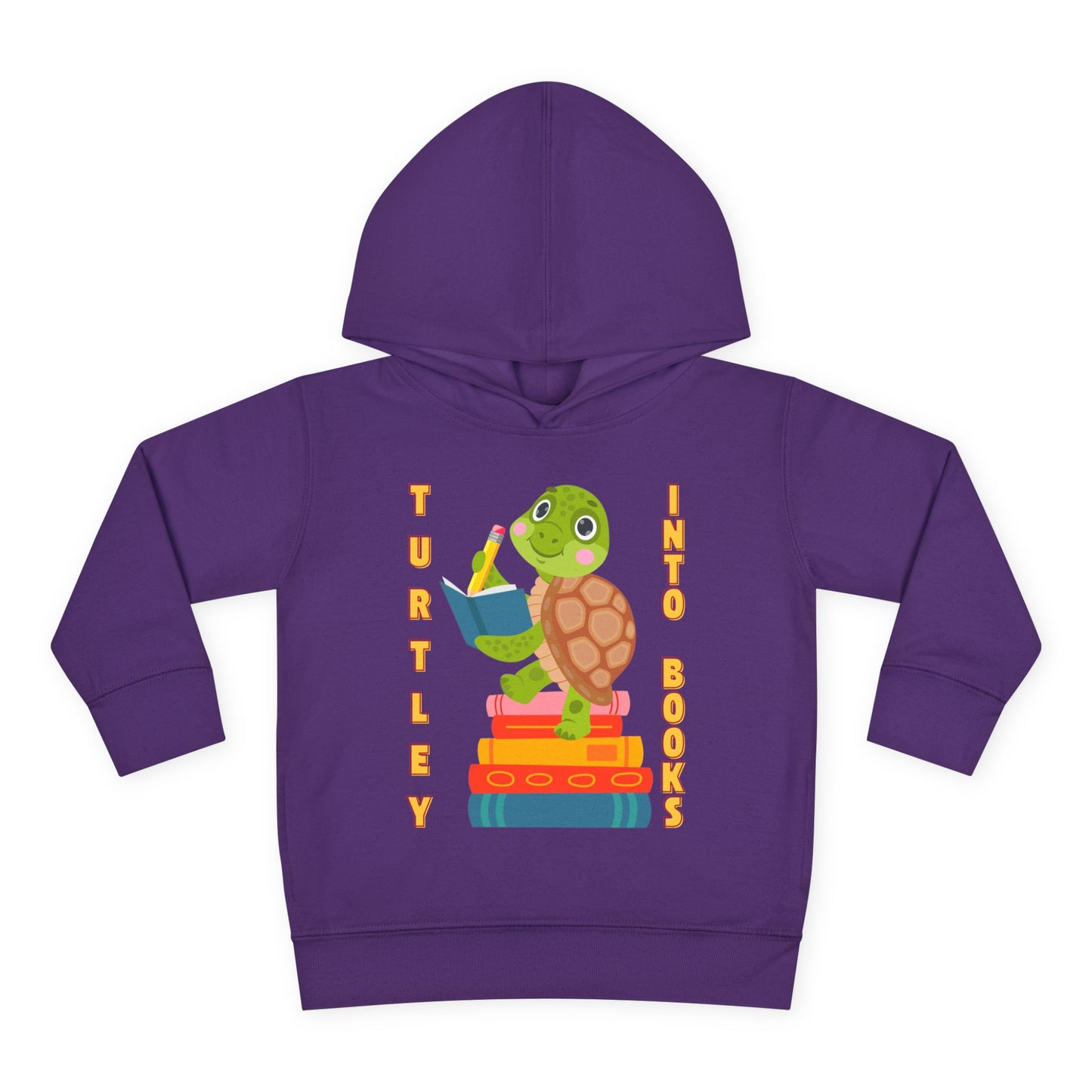 Purple toddler hoodie with a turtle graphic, notebook, stack of books and text 'Turtley Into Books'