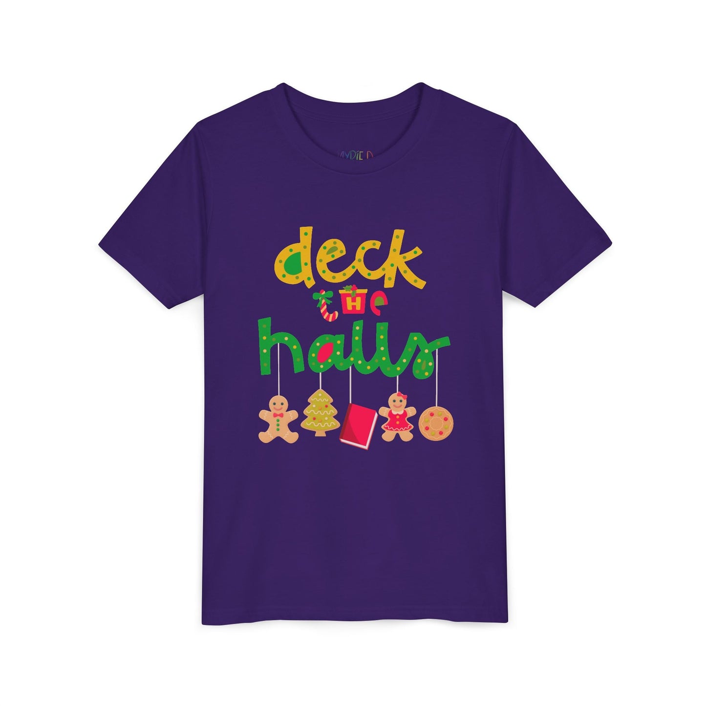 Purple t-shirt with Christmas deck the halls theme with dangling ornaments