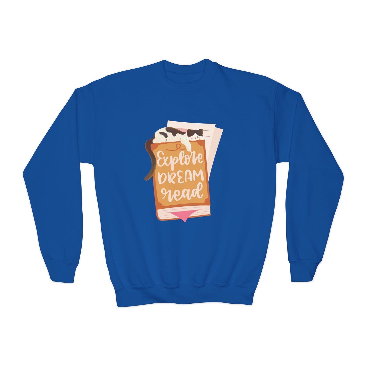 Blue sweatshirt with a graphic design of a cat sleeping on a book and text 'Explore. Dream. Read.'