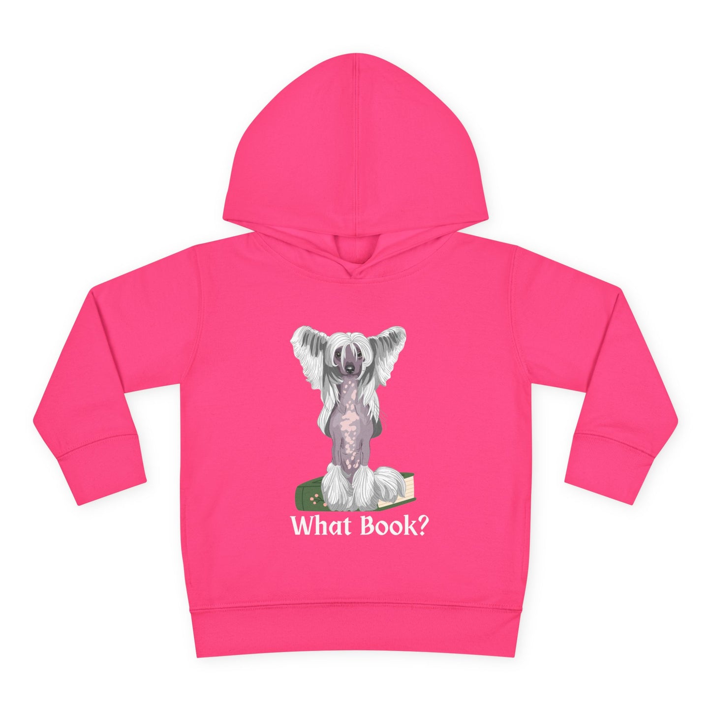 Pink toddler hoodie featuring a partially hairless dog perched on top of a book and text 'What Book' on white background