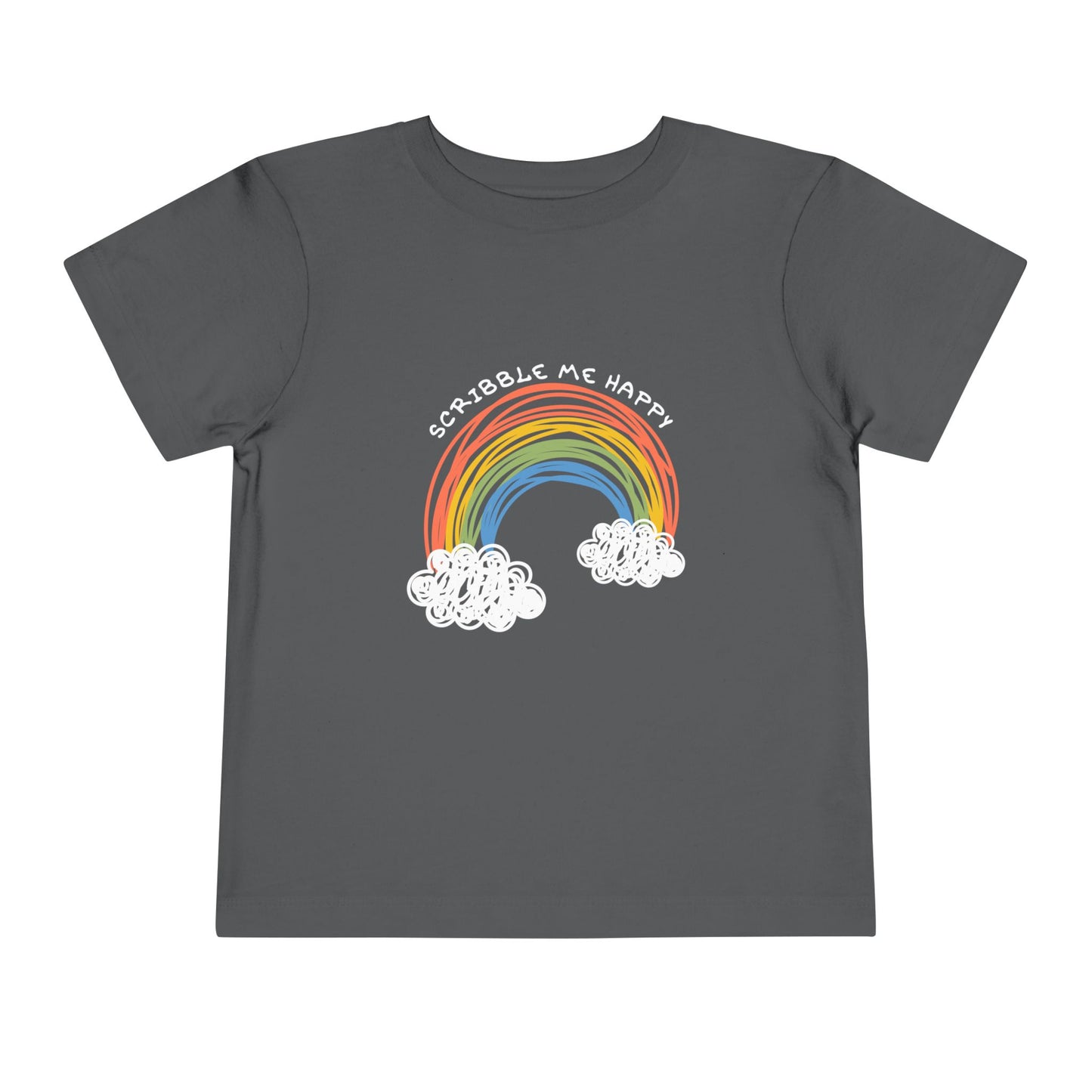 gray toddler t-shirt with a child's coloring of a rainbow and cloud design, text 'scribble me happy'