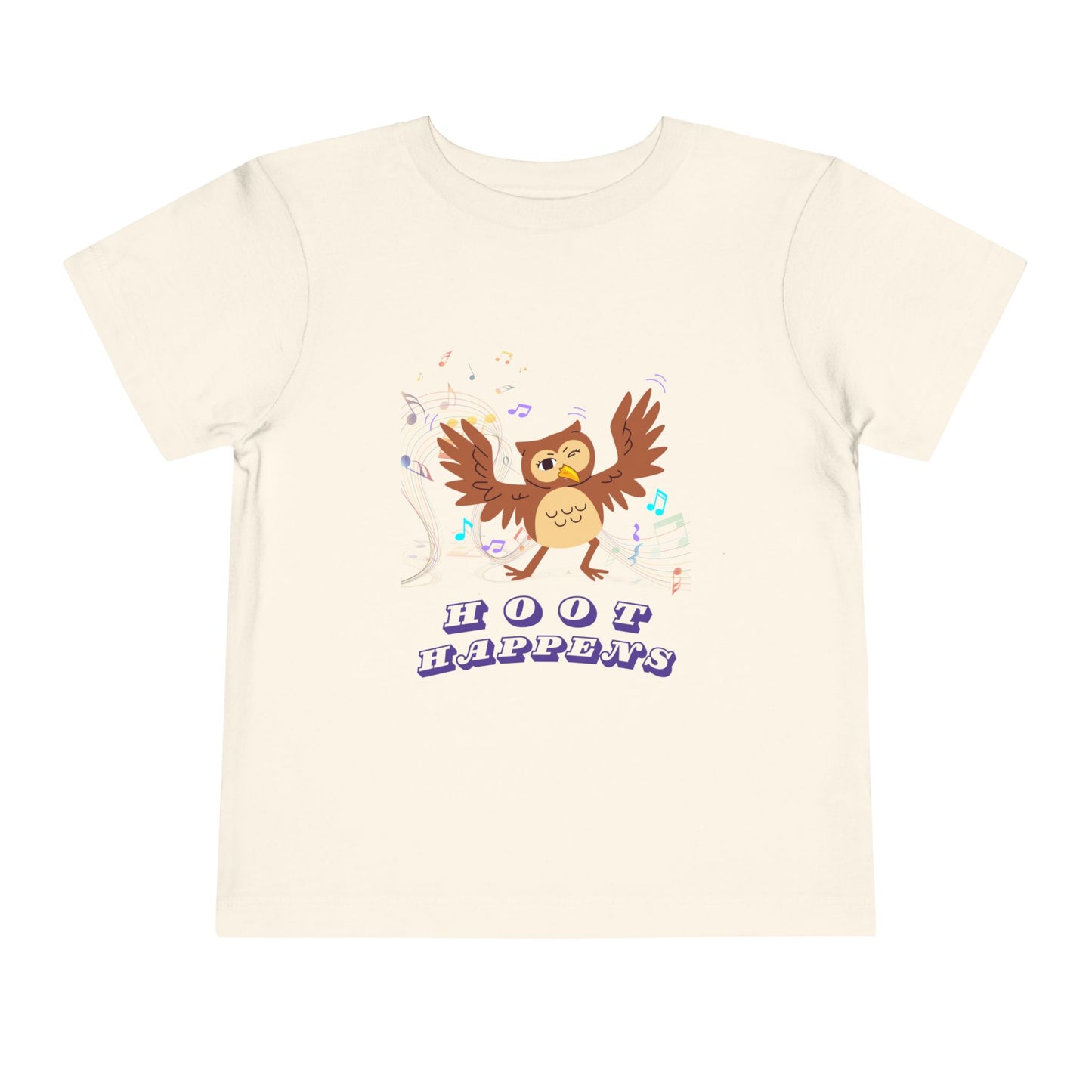 Beige toddler t-shirt with a colorful music notes and a dancing owl, 'Hoot happens' text