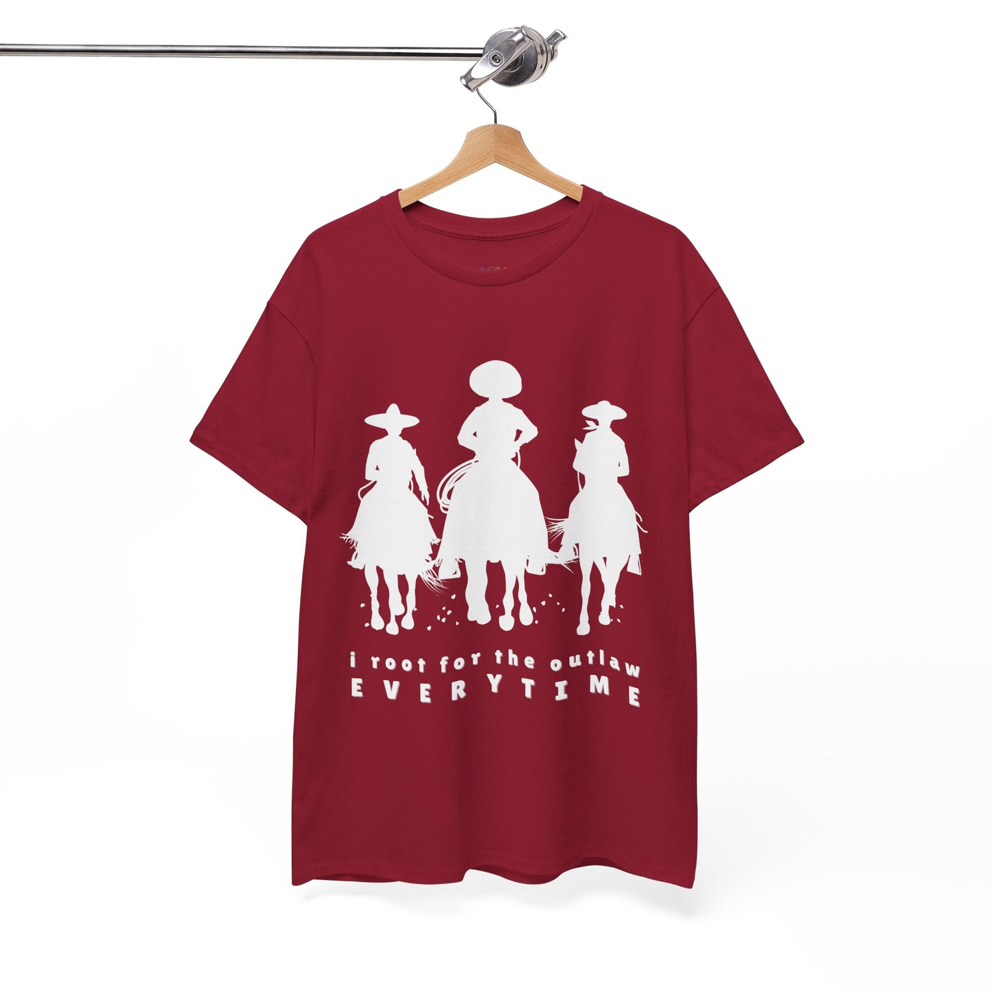 Red t-shirt with white cowboys on horses and text 'I root for the outlaw EVERYTIME'