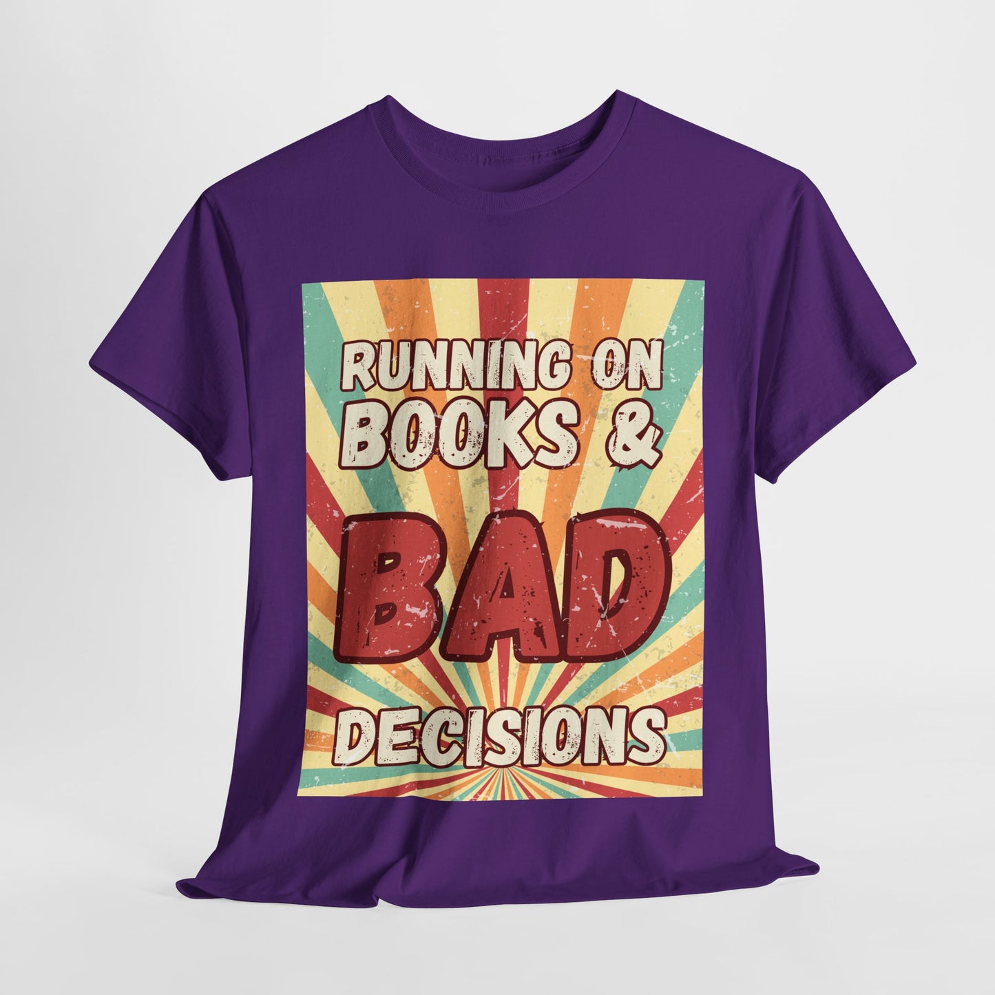 Teen/Adult Unisex Running on Books & Bad Decisions Tee – Funny Retro Reader Shirt for Book Addicts (Large Retro Edition)