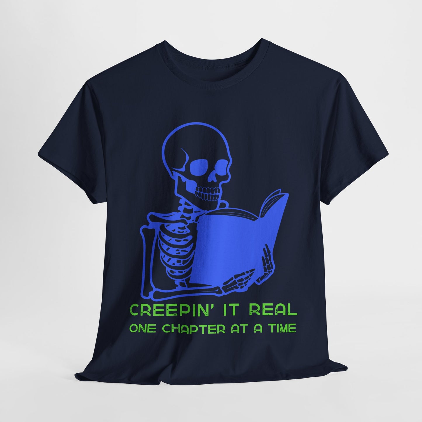 Teen/Adult Unisex Creepin’ It Real T-Shirt – Skeleton Horror Reader Graphic Tee