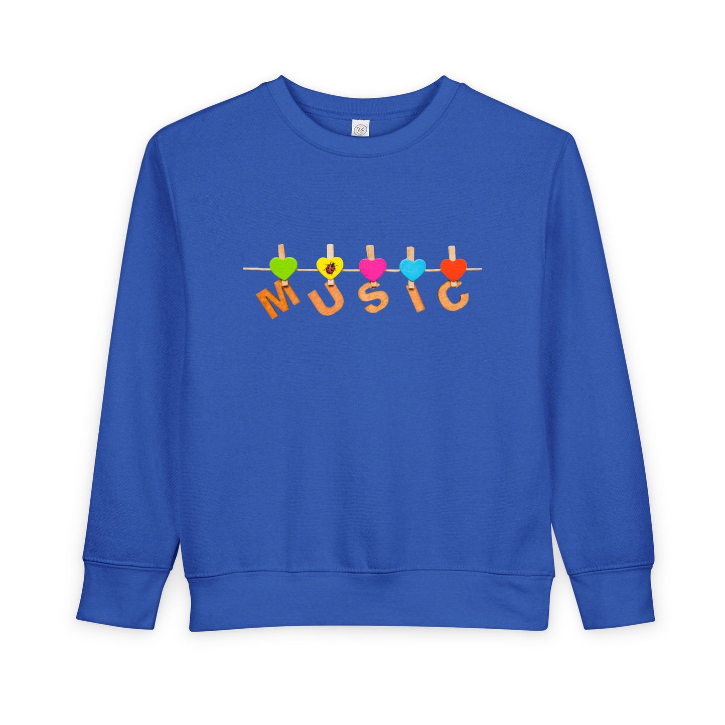 Blue toddler sweatshirt with colorful letters hanging with clothespins to spell 'MUSIC'