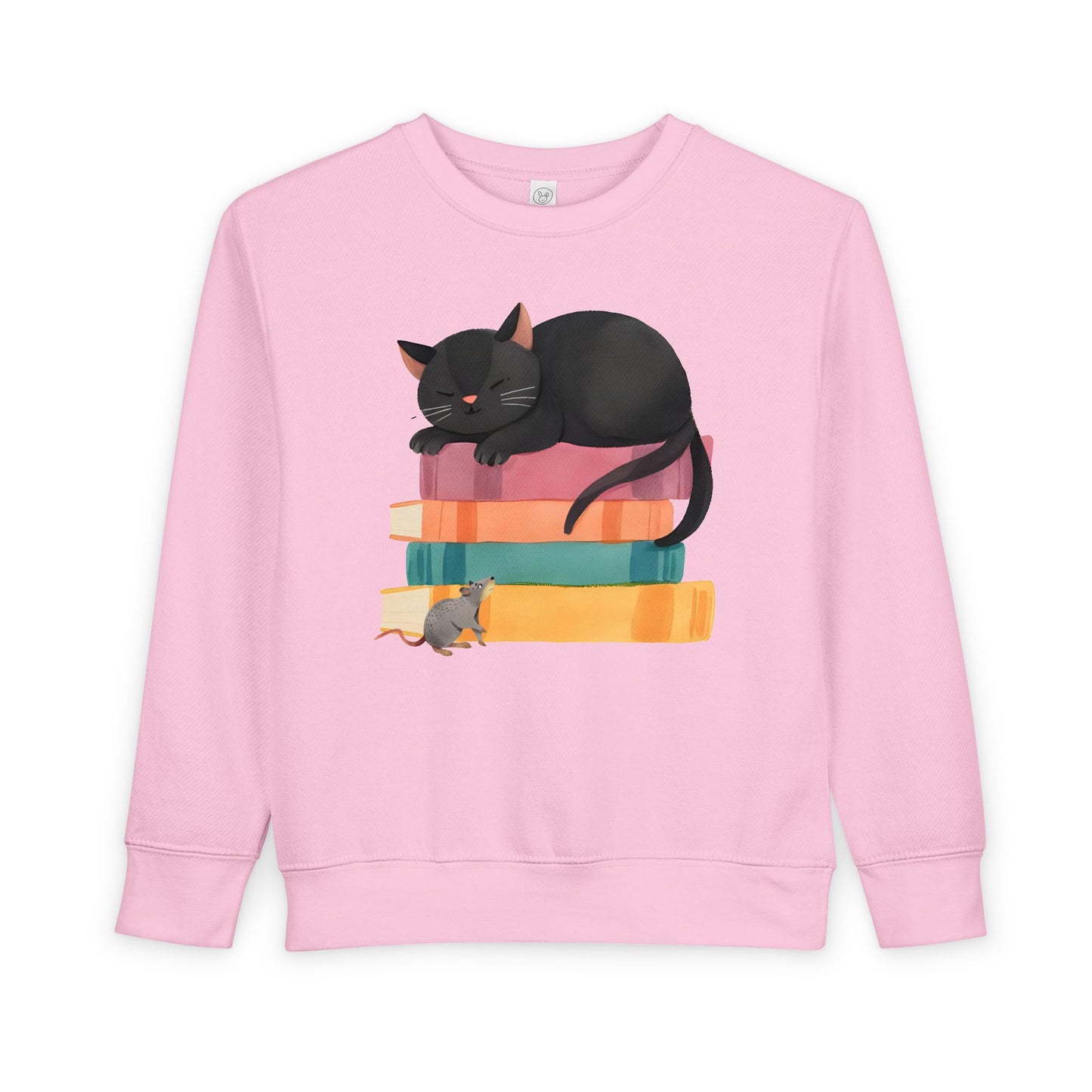 Pink toddler sweatshirt with a mouse looking up at a black cat sleeping on top of a stack of books