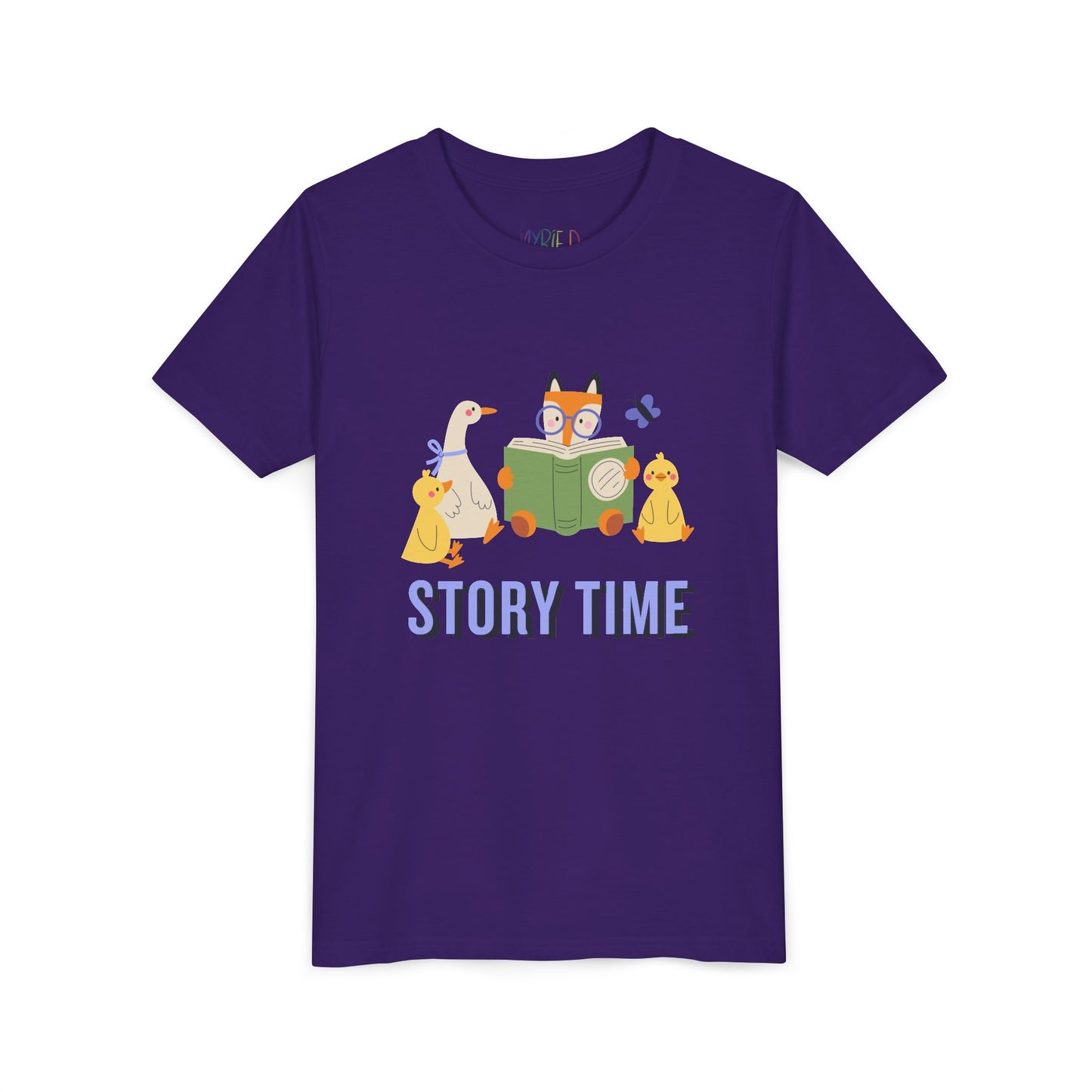 Purple t-shirt with cartoon animals sitting together for storytime