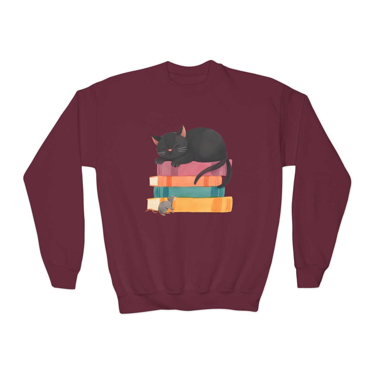 Maroon sweatshirt with a black cat and sleeping on a stack of books