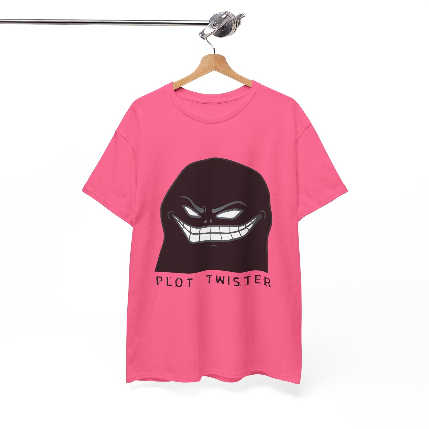 Pink t-shirt with a sinister character and text 'Plot Twister' on a hanger against a white background
