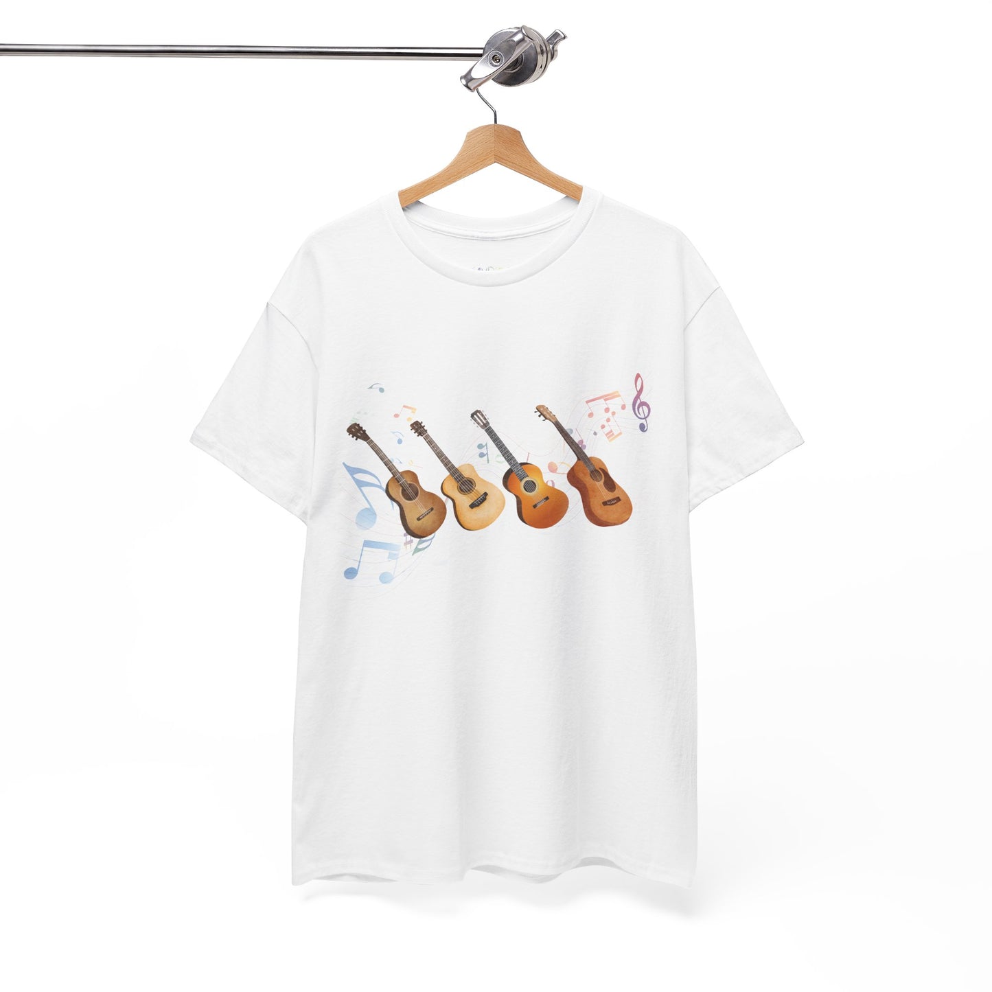 White t-shirt with guitar design and colorful music notes