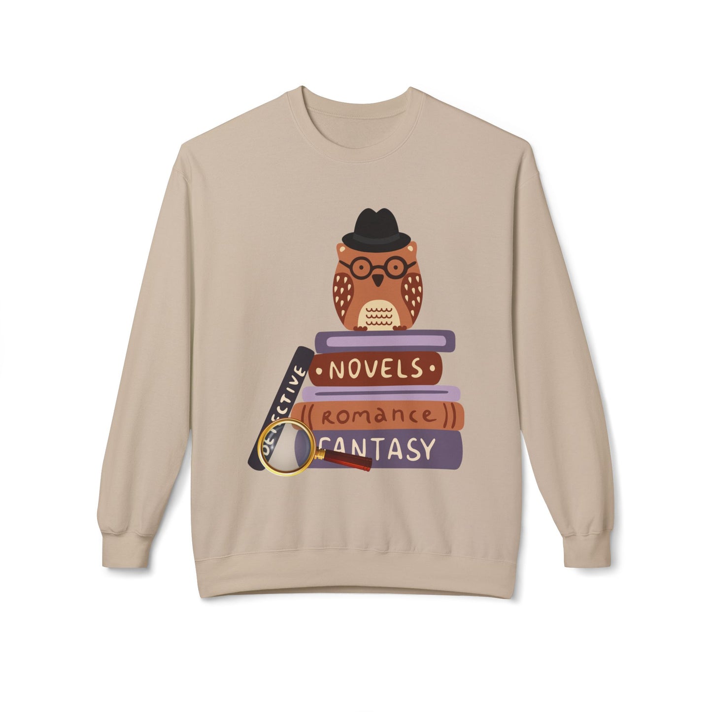 Teen/Adult Unisex Genre Detective Sweatshirt – Owl Book Lover Crewneck for Mystery, Romance & Fantasy