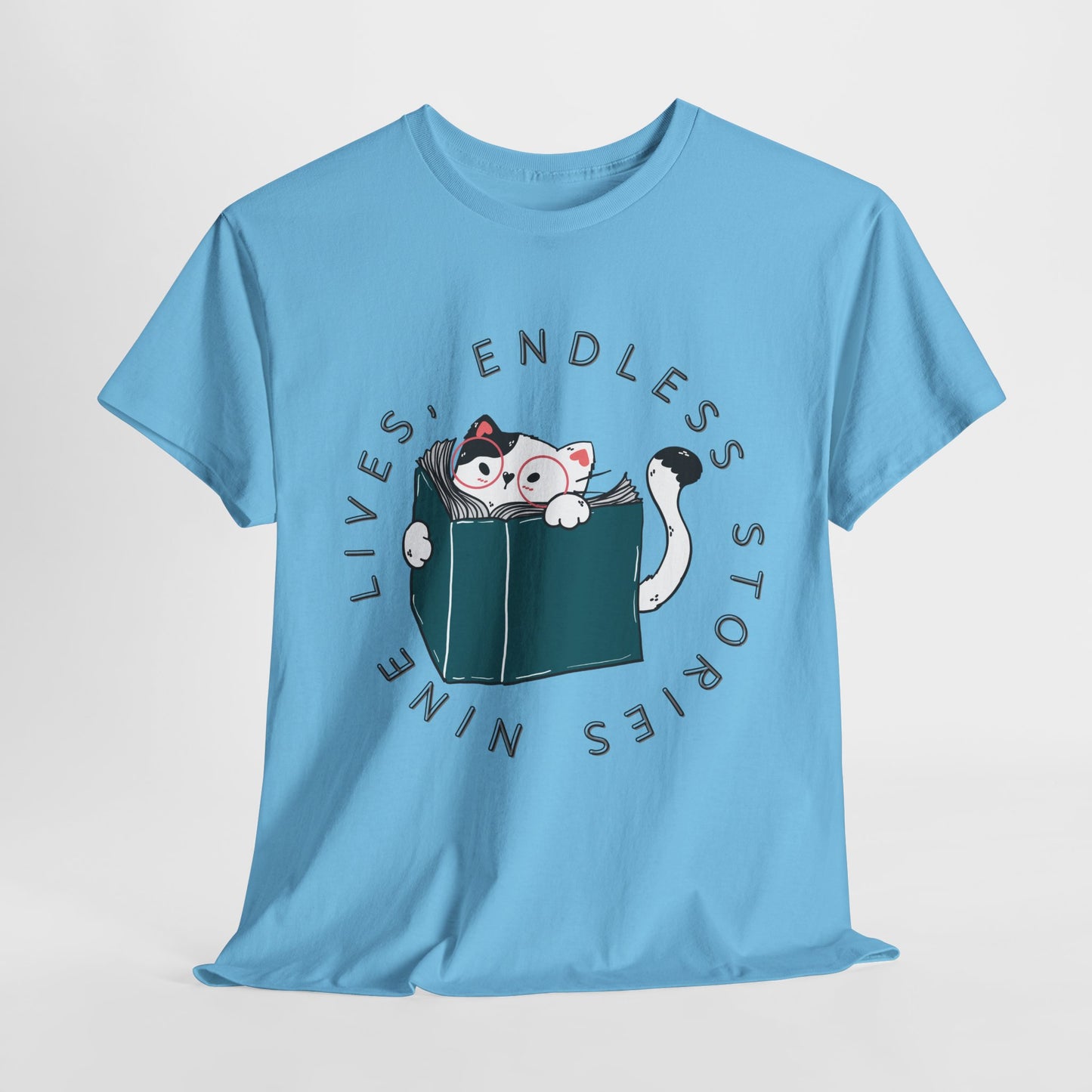 Teen/Adult Unisex "Nine Lives, Endless Stories" Cat & Book Graphic T-Shirt – Fun Reader Gift Tee
