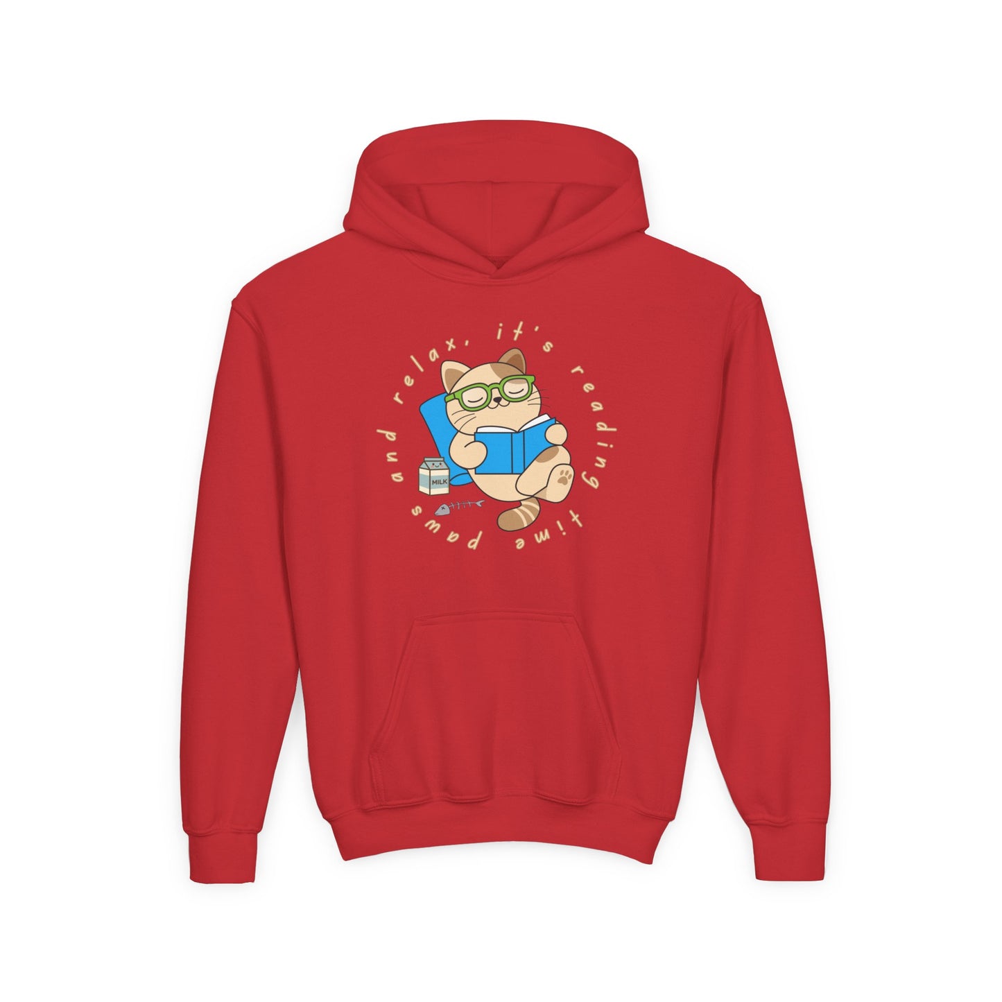 Red hoodie with a graphic of a cat reading a book and text 'Paws And Relax, It's Reading Time'
