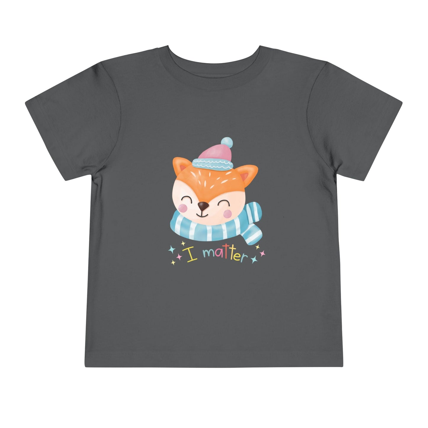 Gray toddler t-shirt with a winter fox graphic and 'I matter' text on a white background