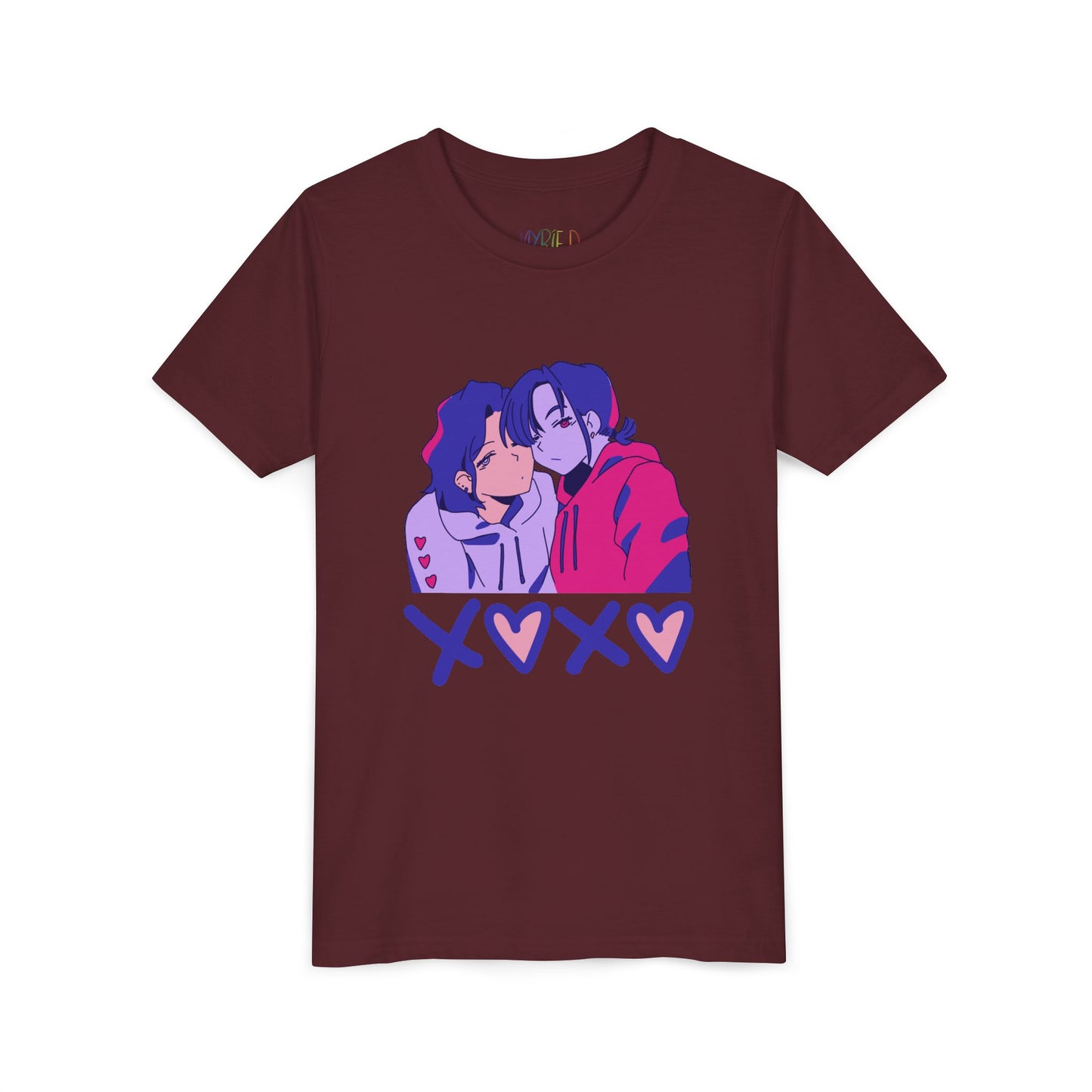 Maroon t-shirt with two cartoon characters snuggled up and 'XOXO' text