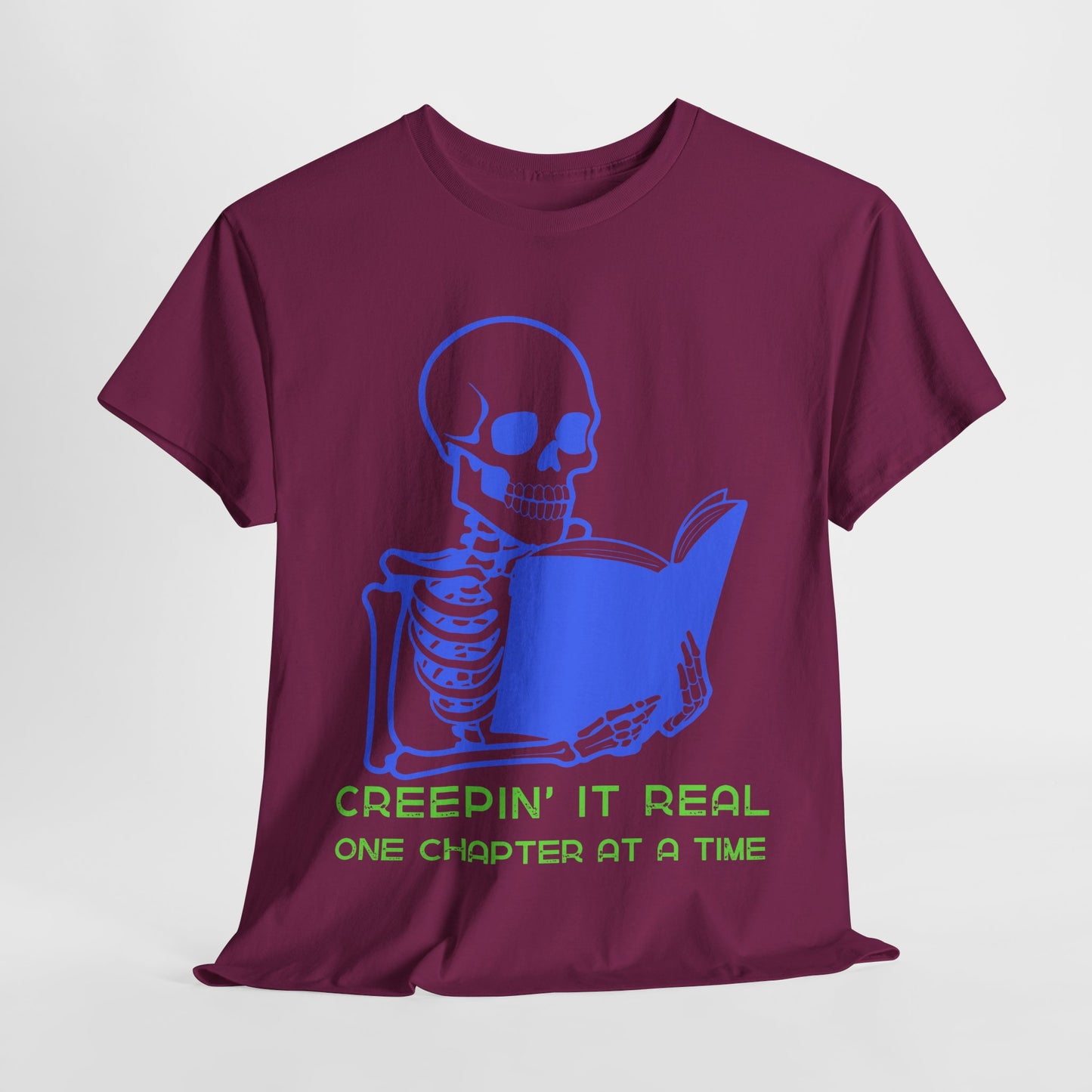 Teen/Adult Unisex Creepin’ It Real T-Shirt – Skeleton Horror Reader Graphic Tee