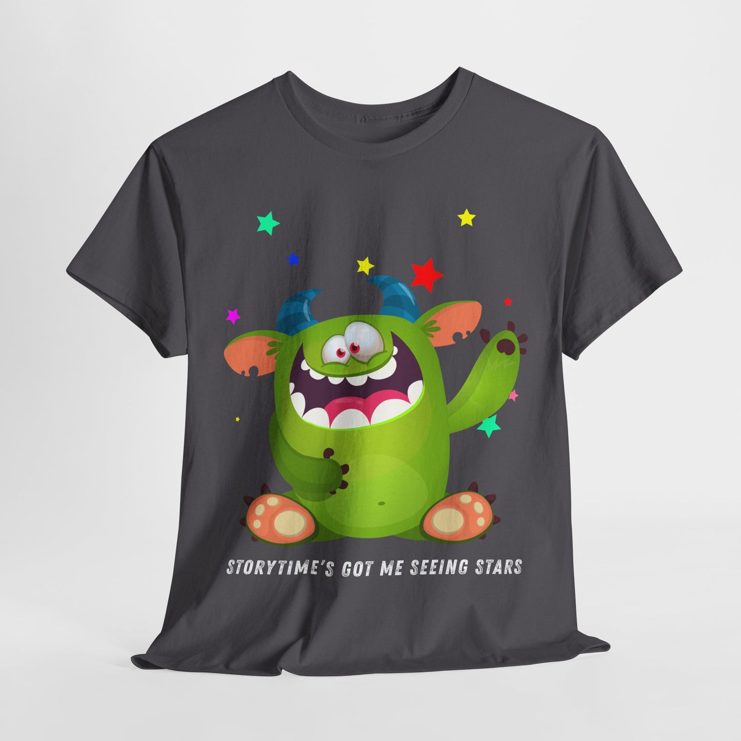 Teen/Adult Unisex Storytime’s Got Me Seeing Stars – Playful Monster Reading Tee