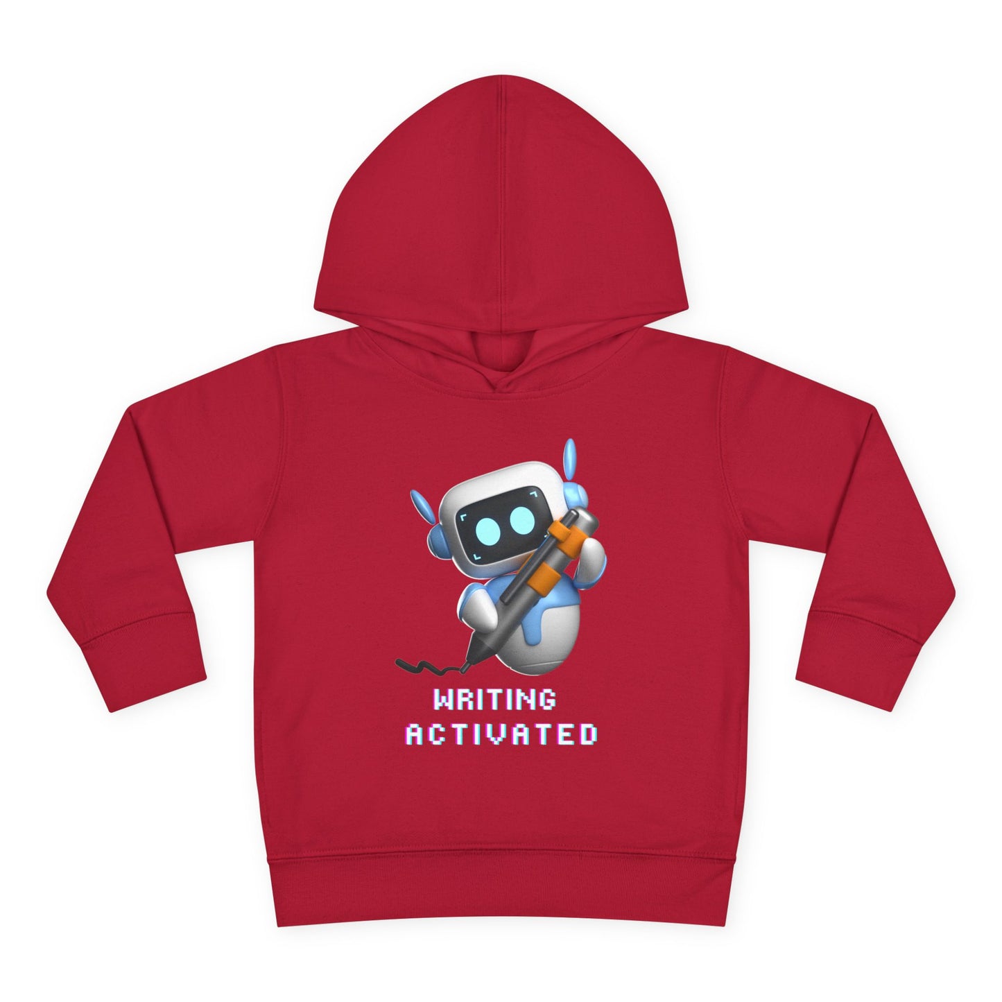 Red hoodie with a robot graphic, a large pen and text 'Writing Activated'