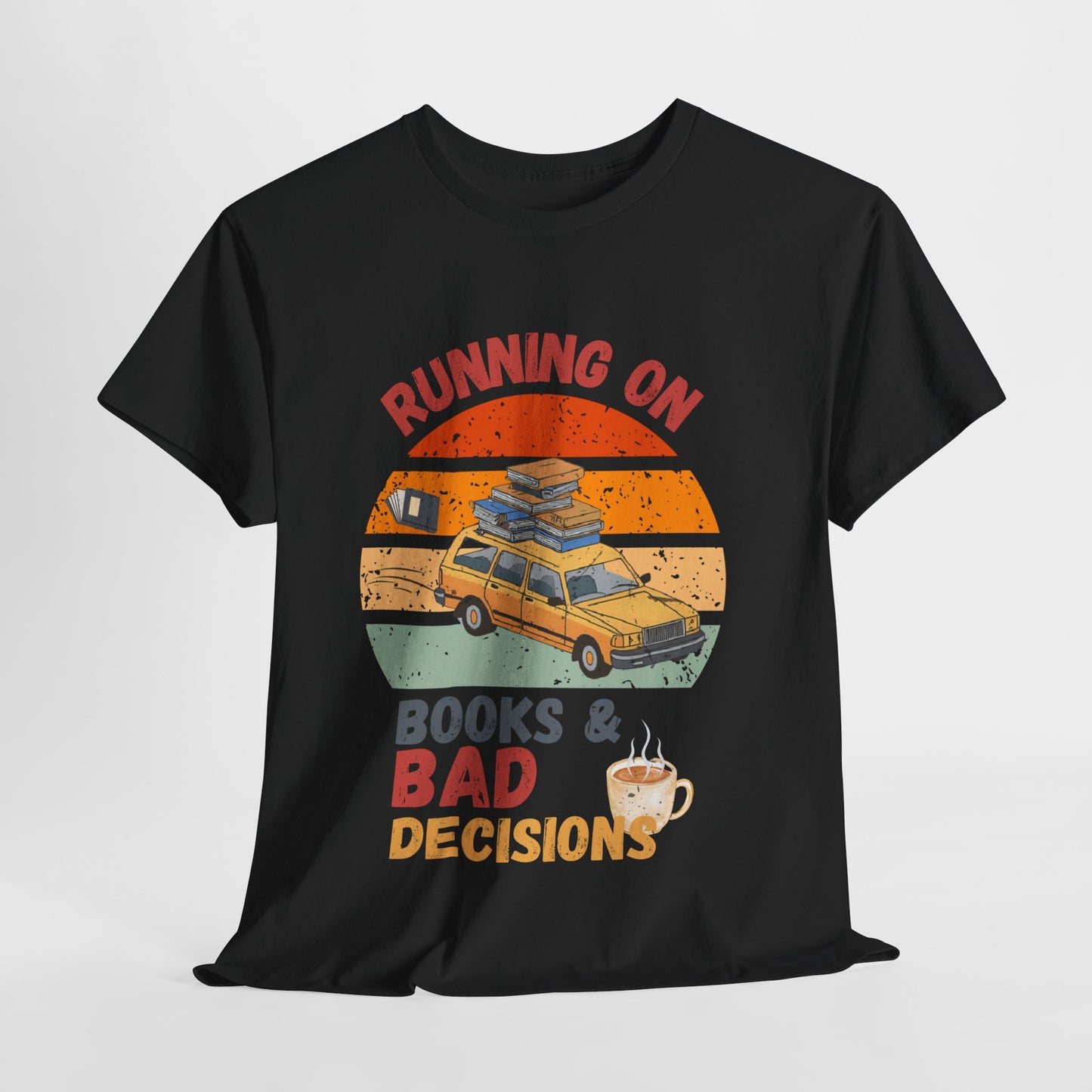 Teen/Adult Unisex Running on Books & Bad Decisions Tee – Funny Retro Reader Shirt for Book Addicts (Coffee Edition)