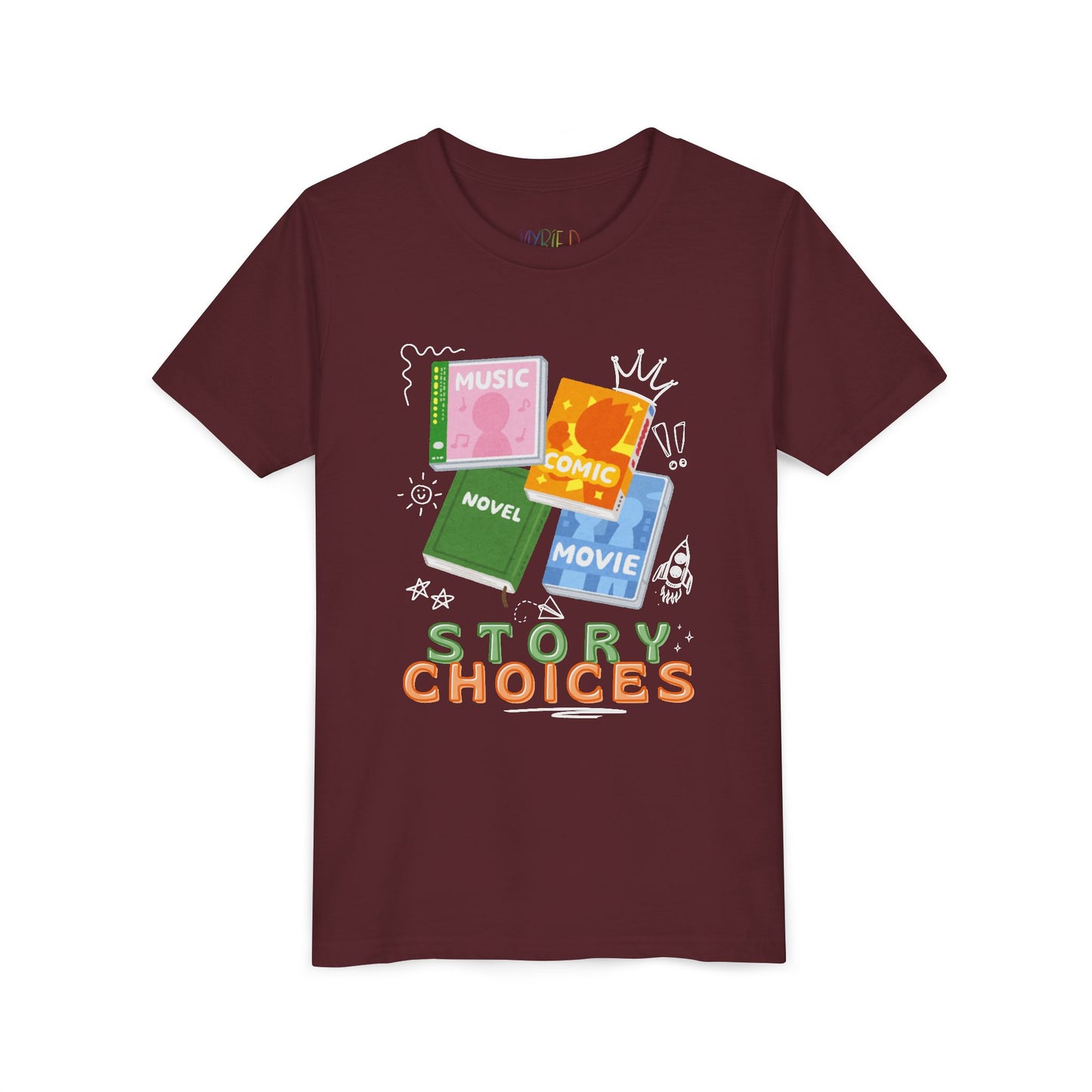 Maroon t-shirt with colorful mixed media illustrations and 'Story Choices' text
