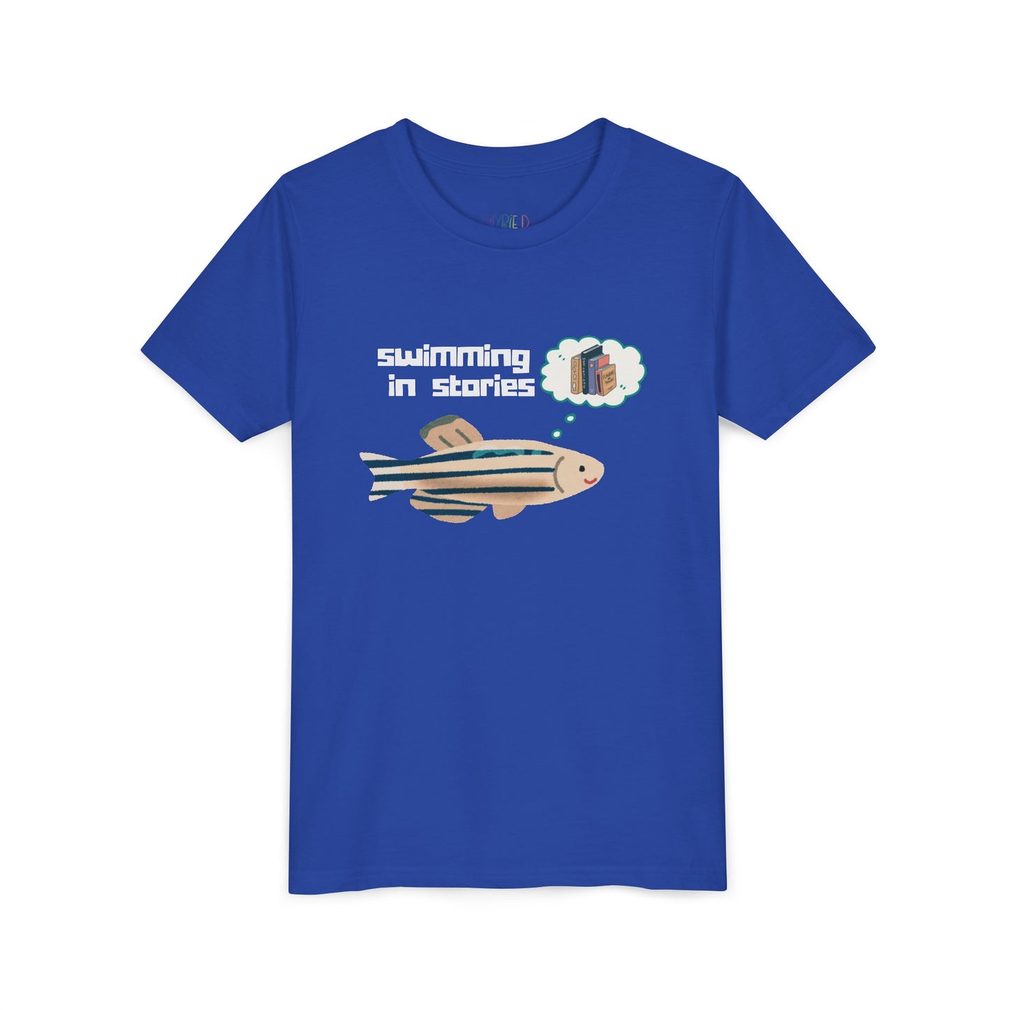 Youth Swimming in Stories Tee – Fun Reading Shirt for Curious Kids. A dreamy design for book-loving adventurers