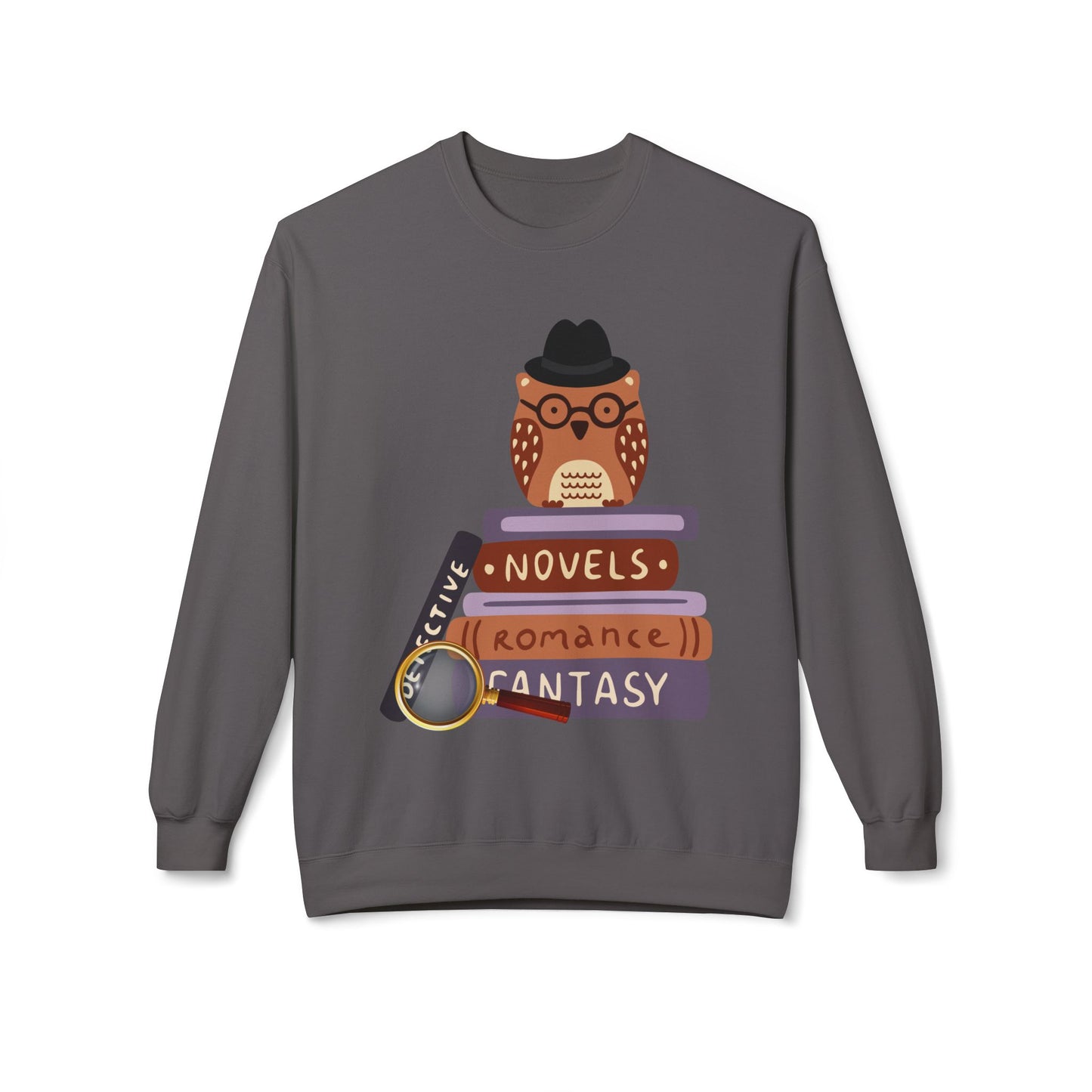 Teen/Adult Unisex Genre Detective Sweatshirt – Owl Book Lover Crewneck for Mystery, Romance & Fantasy
