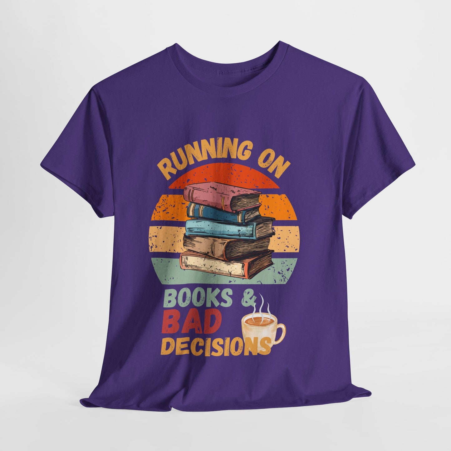 Teen/Adult Unisex Running on Books & Bad Decisions Tee – Funny Retro Reader Shirt for Book Addicts